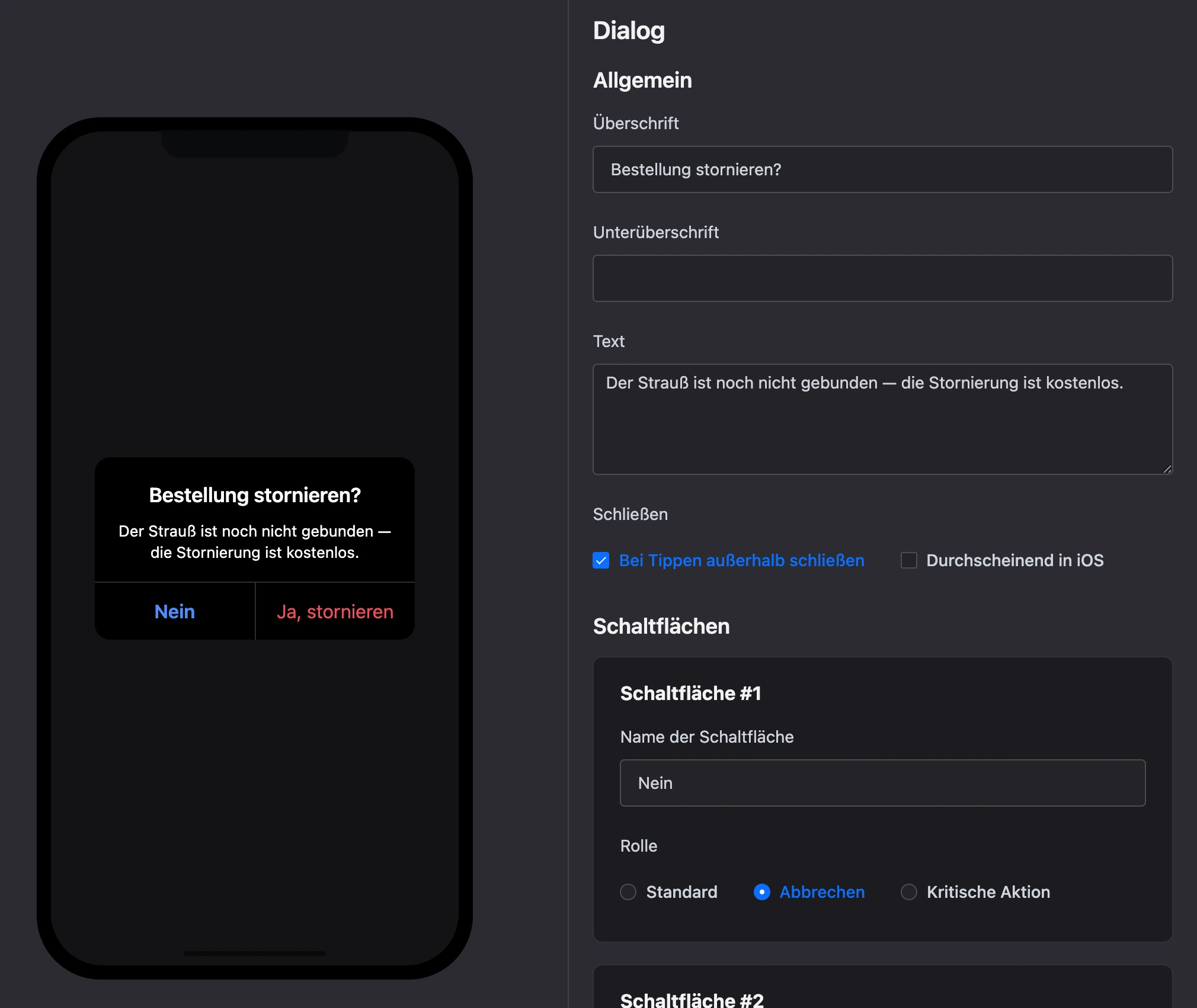 Block „Dialog“: Fenster auf dem Telefon und Schaltflächen-Einstellungen