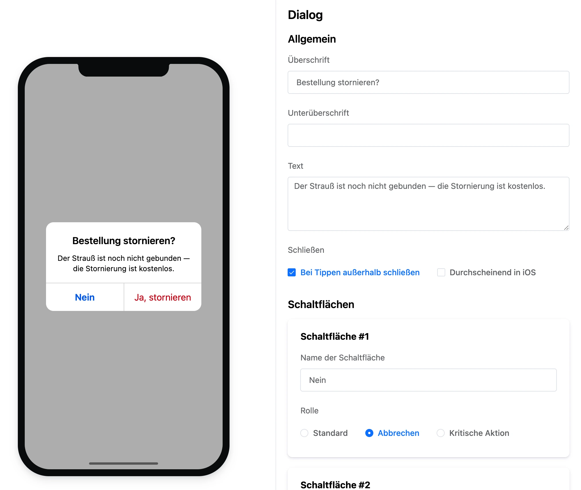 Block „Dialog“: Fenster auf dem Telefon und Schaltflächen-Einstellungen