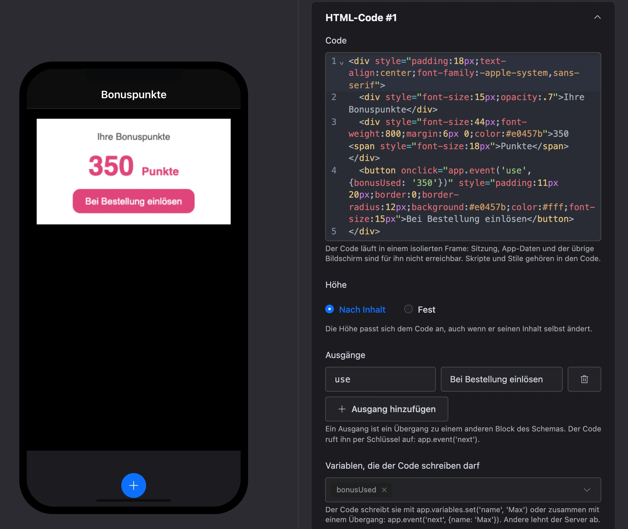 Element „HTML-Code“: Code, Ausgänge und Variablen