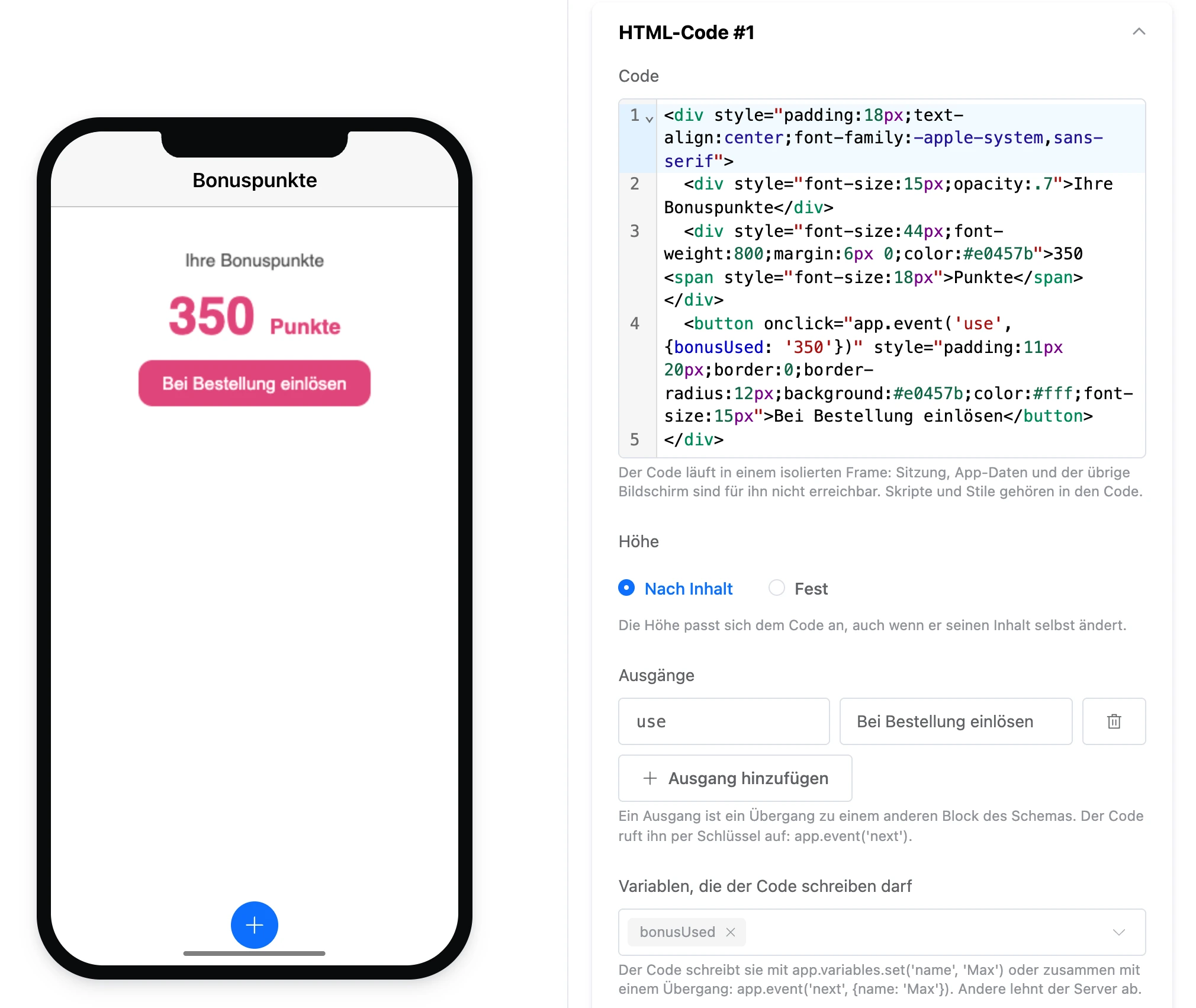 Element „HTML-Code“: Code, Ausgänge und Variablen