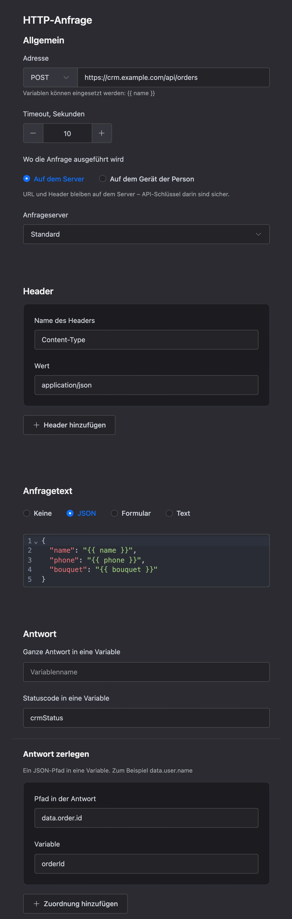Einstellungen des Blocks „HTTP-Anfrage“