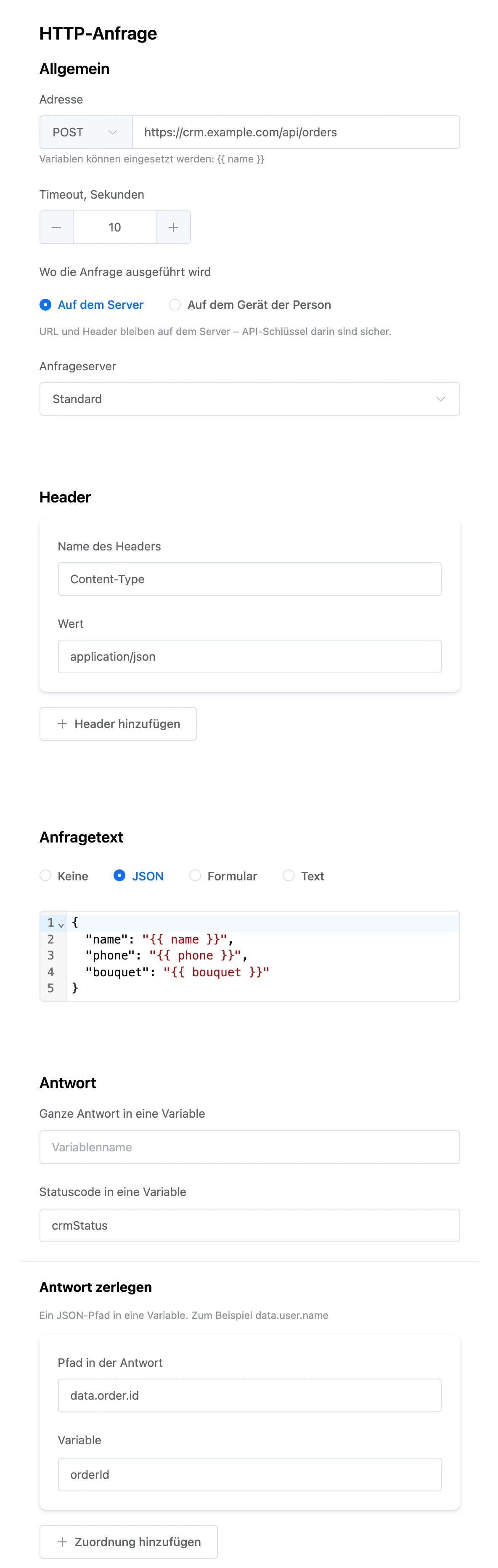 Einstellungen des Blocks „HTTP-Anfrage“