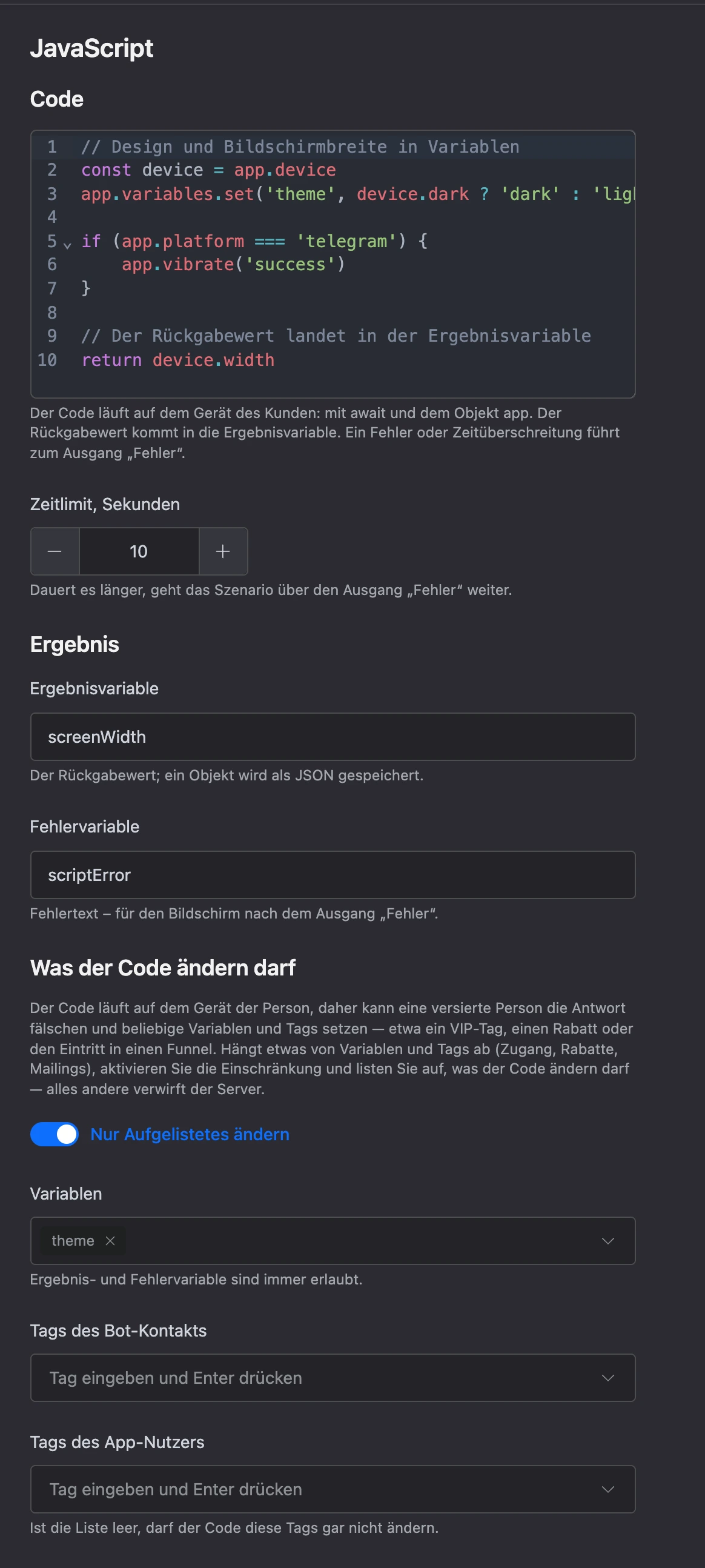 Einstellungen des Blocks „JavaScript“