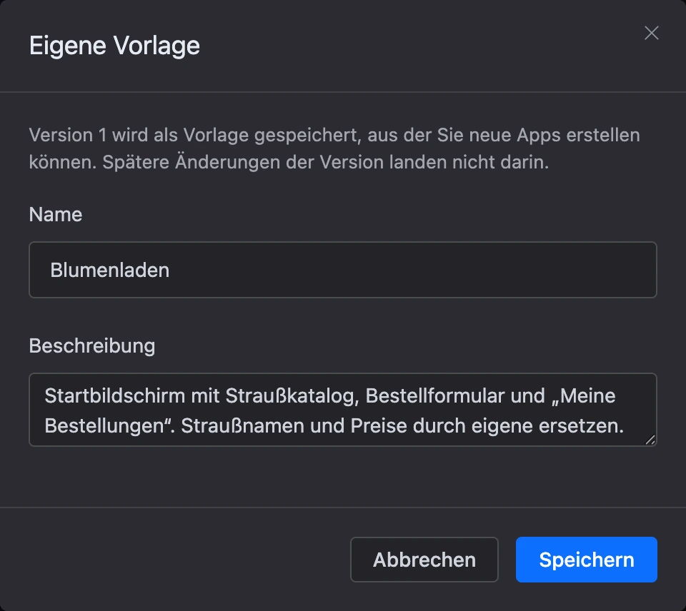 Fenster „Eigene Vorlage“: Name und Beschreibung