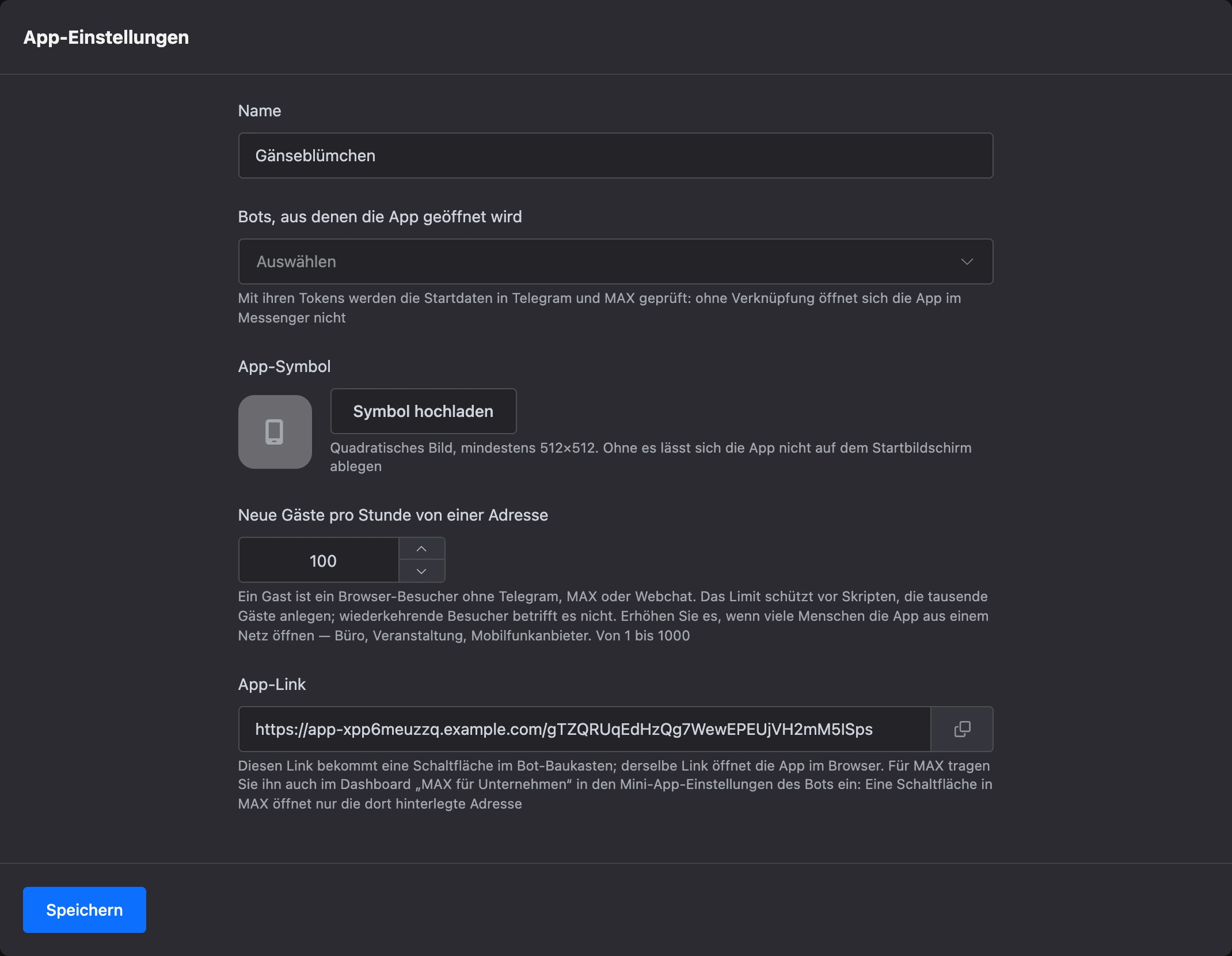 Bereich „Einstellungen“ der Mini-App