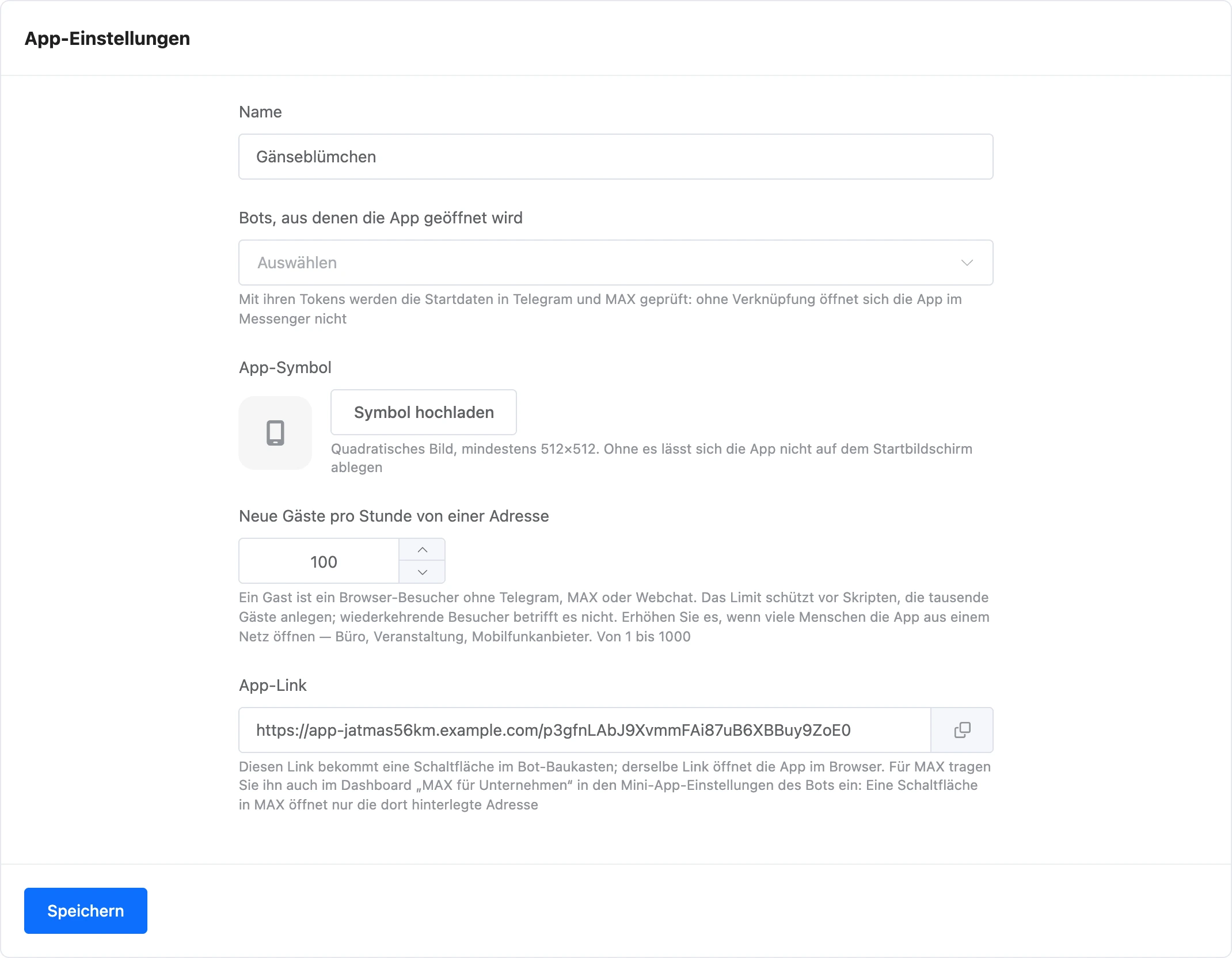 Bereich „Einstellungen“ der Mini-App