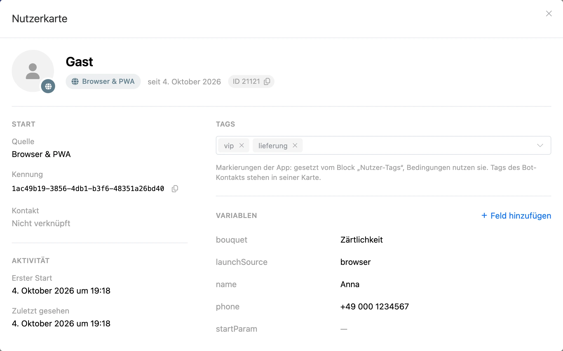 Benutzerkarte: Start, Aktivität, Tags und Variablen