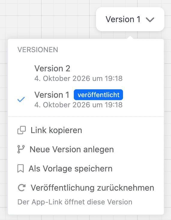 Versionsmenü: veröffentlichte und neue Version