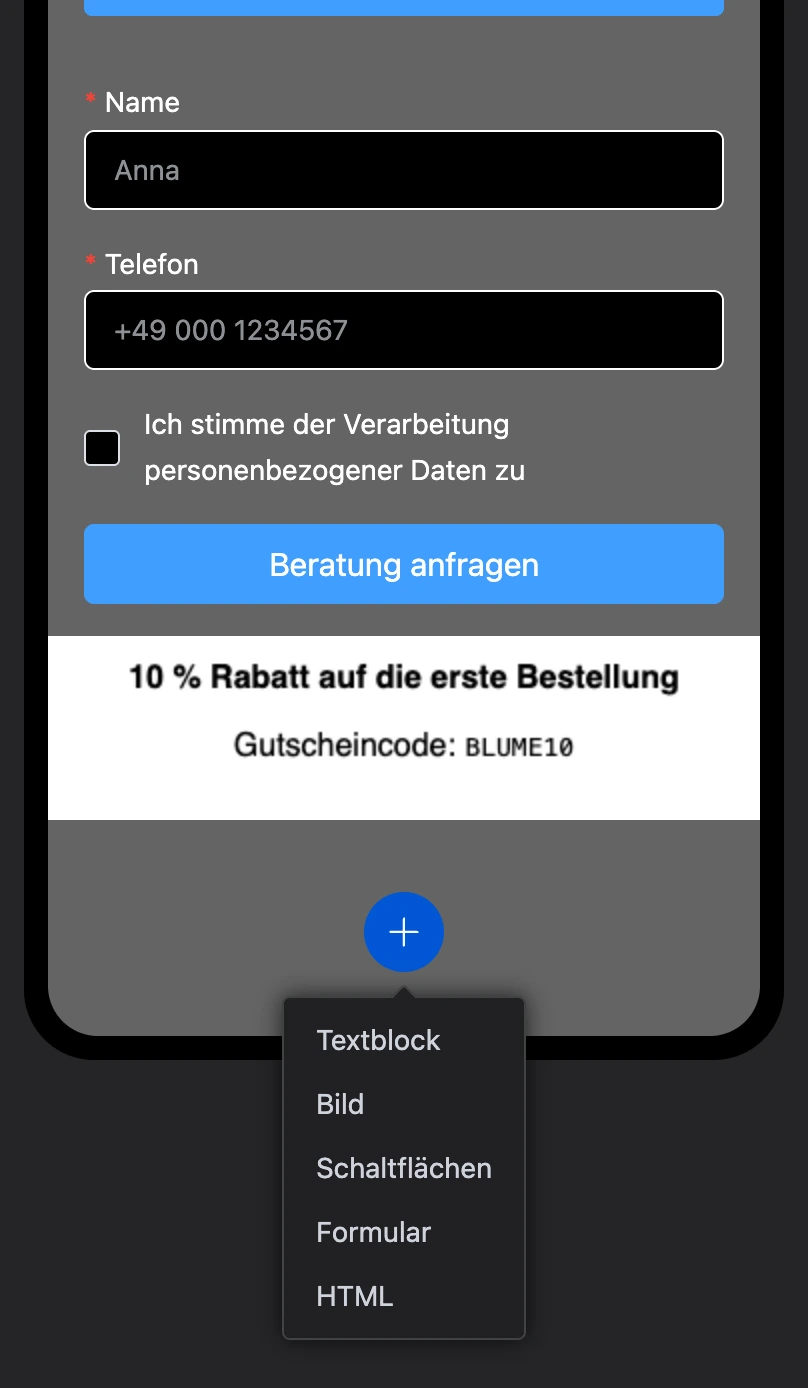Menü „+“: Blockarten