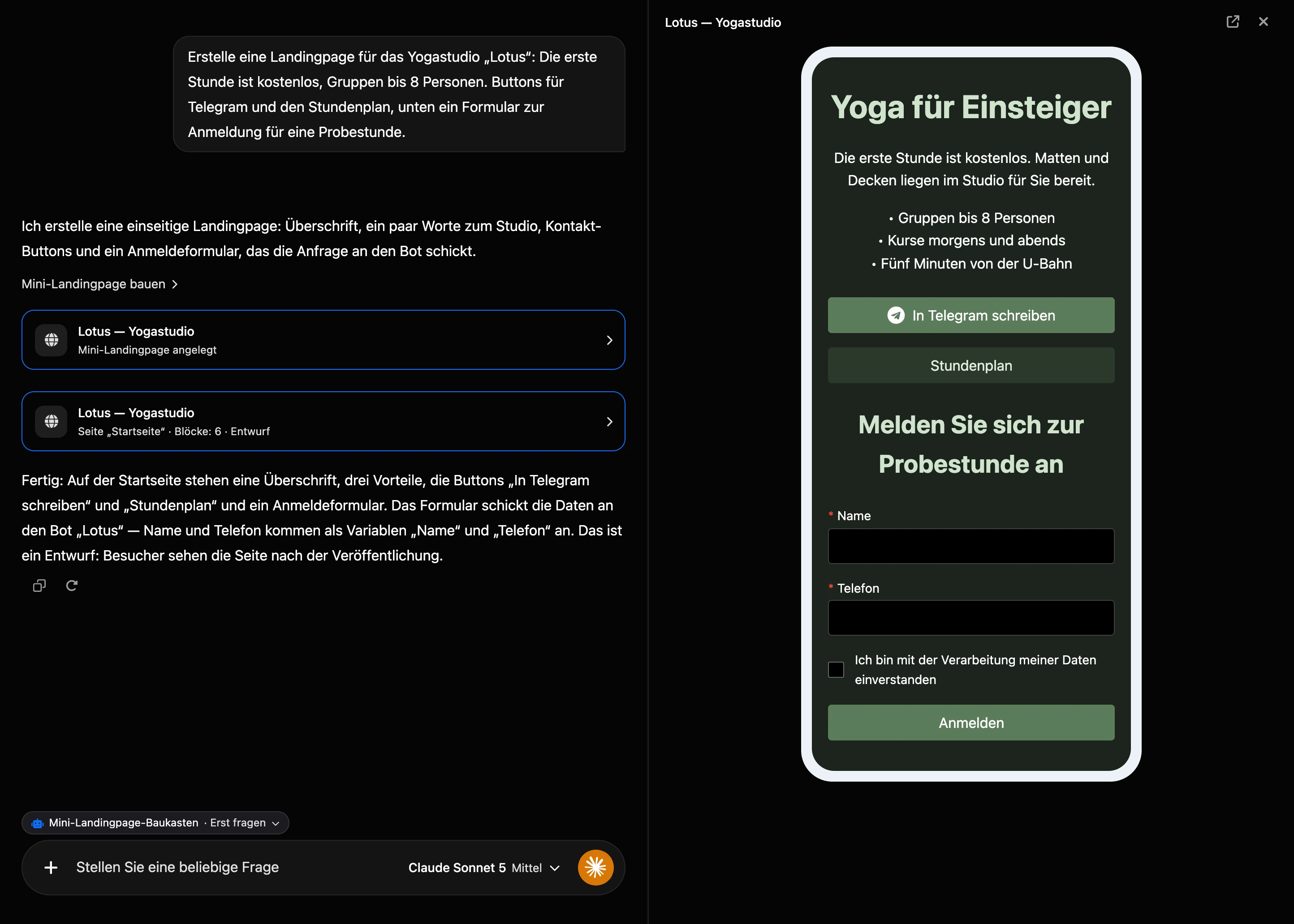 Bauen im KI-Chat: Karten der Landingpage im Verlauf und der Seitenentwurf rechts