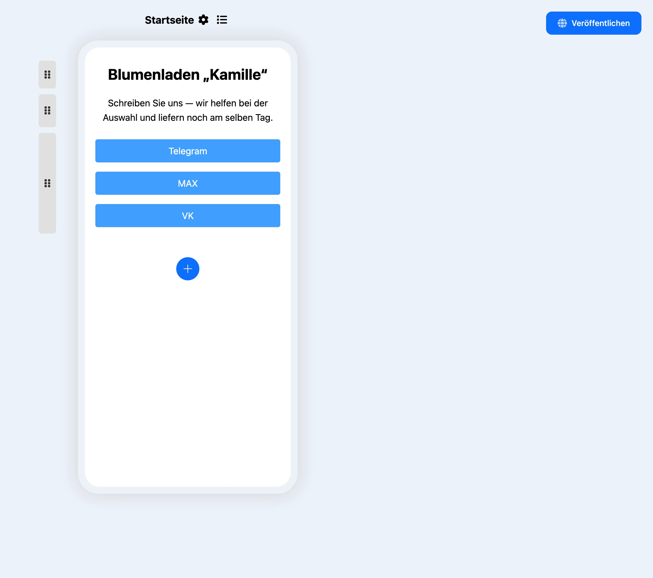 Baukasten der Mini-Landingpage: Seite mit Überschrift, Text und Messenger-Schaltflächen