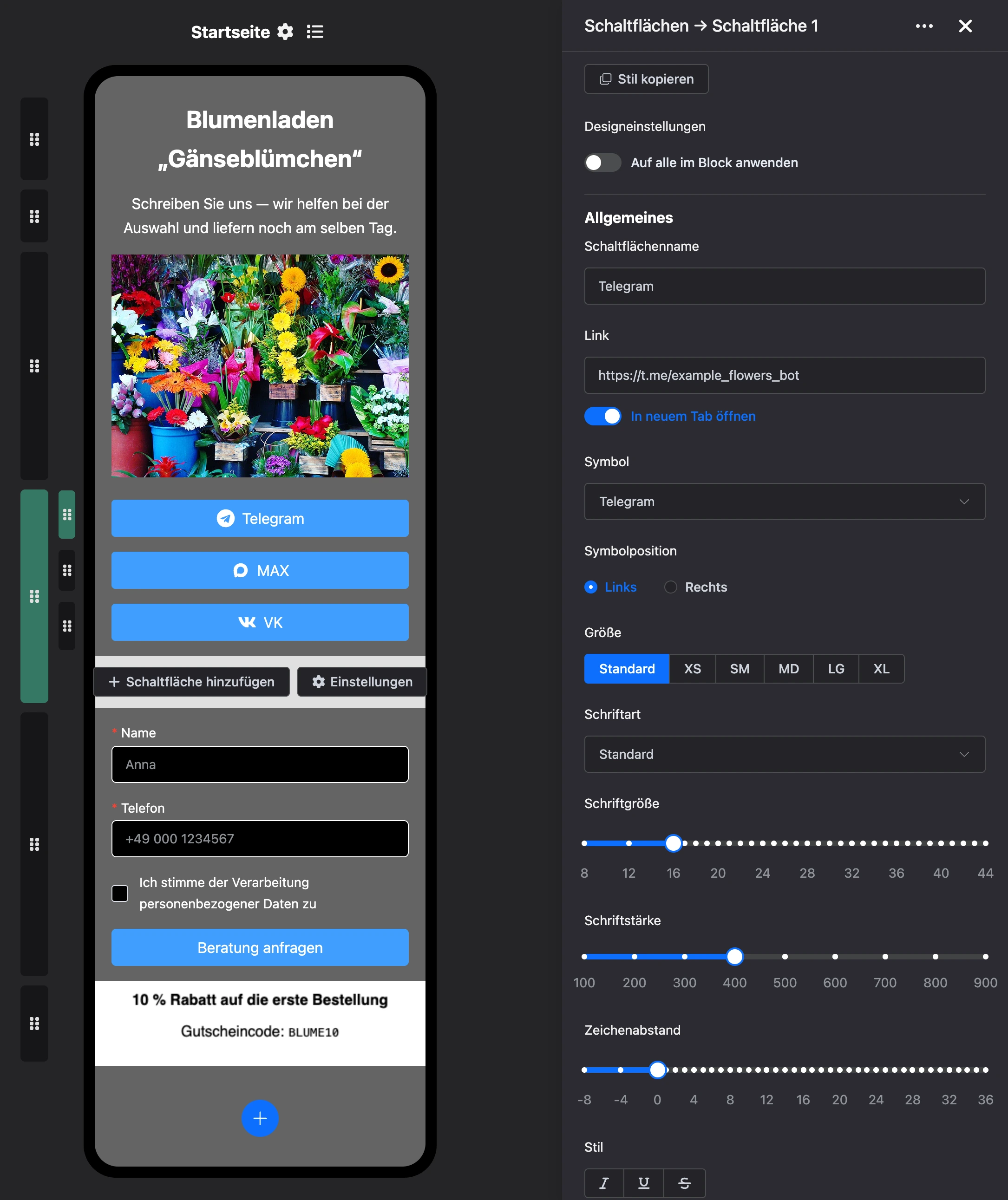 Einstellungen einer Schaltfläche im Block „Schaltflächen“