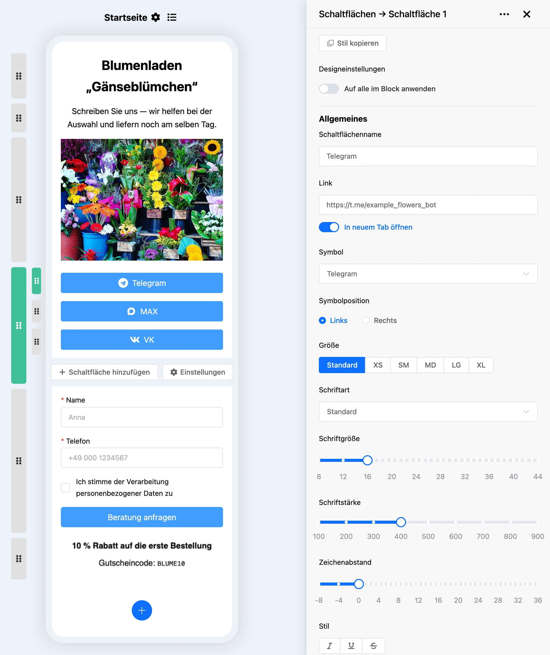 Einstellungen einer Schaltfläche im Block „Schaltflächen“