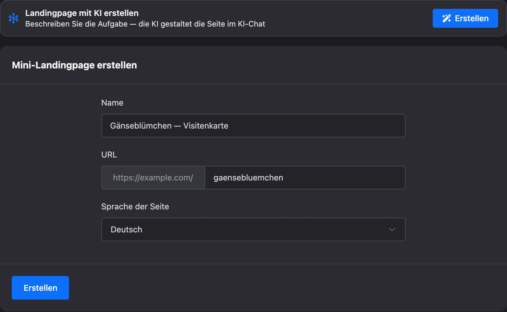 Formular „Mini-Landingpage erstellen“ mit dem Block „Landingpage mit KI erstellen“