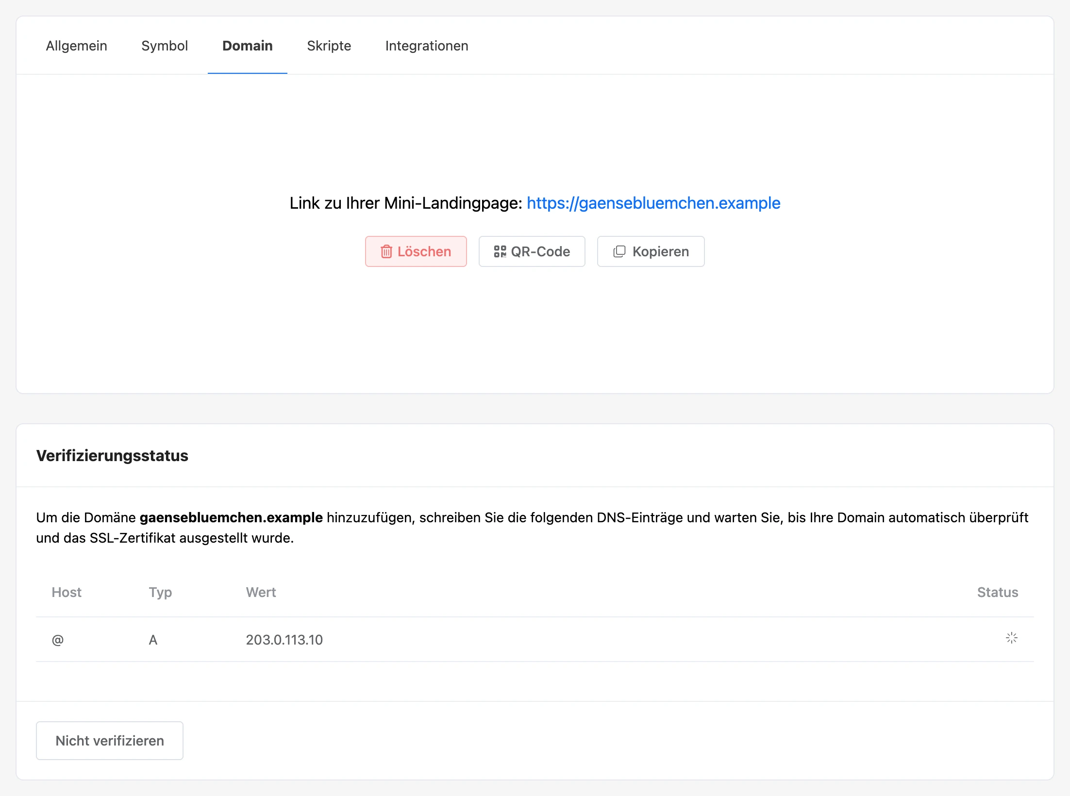 Domain hinzugefügt: Verifizierungsstatus und DNS-Eintrag