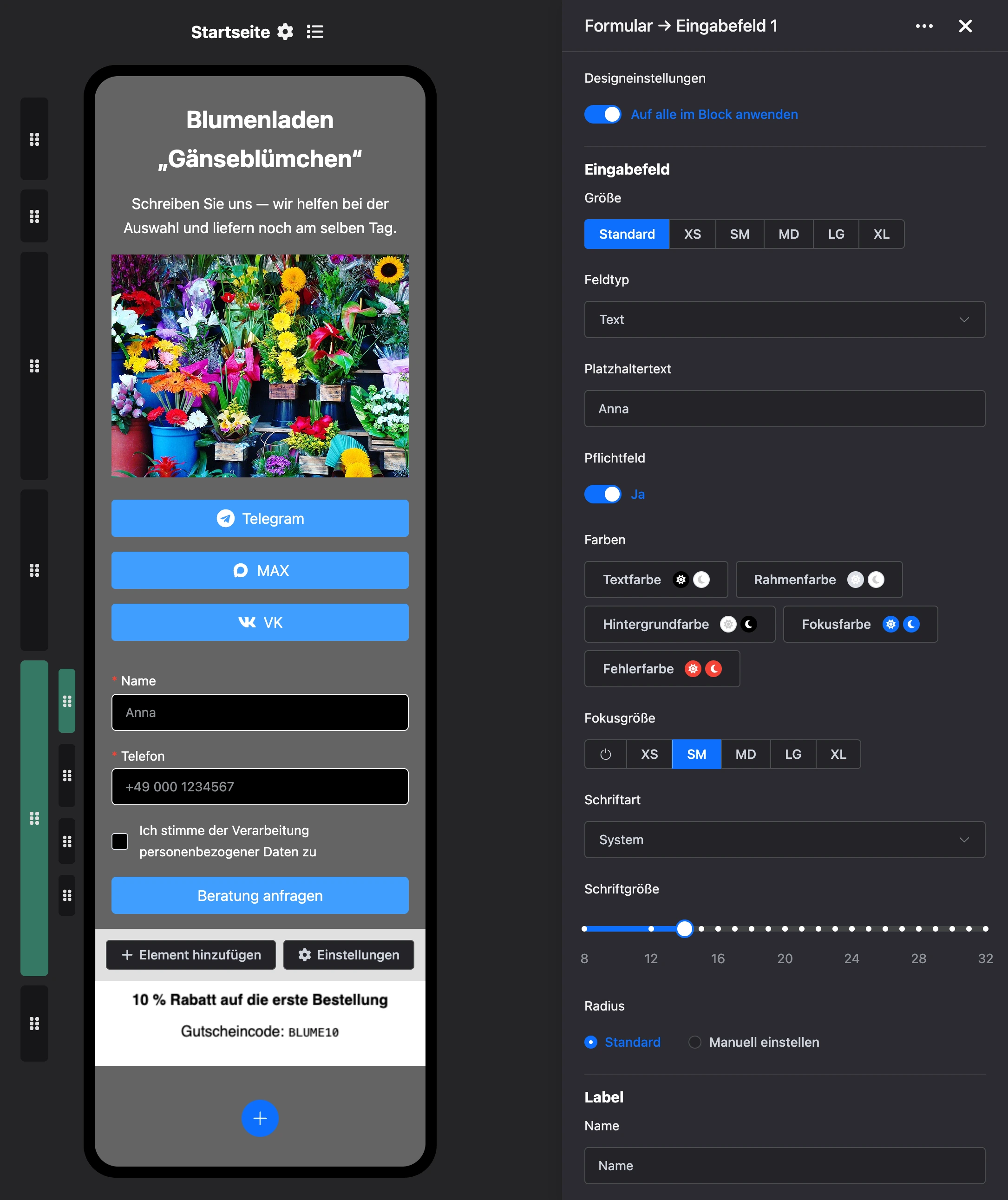 Block „Formular“: Einstellungen des Eingabefelds