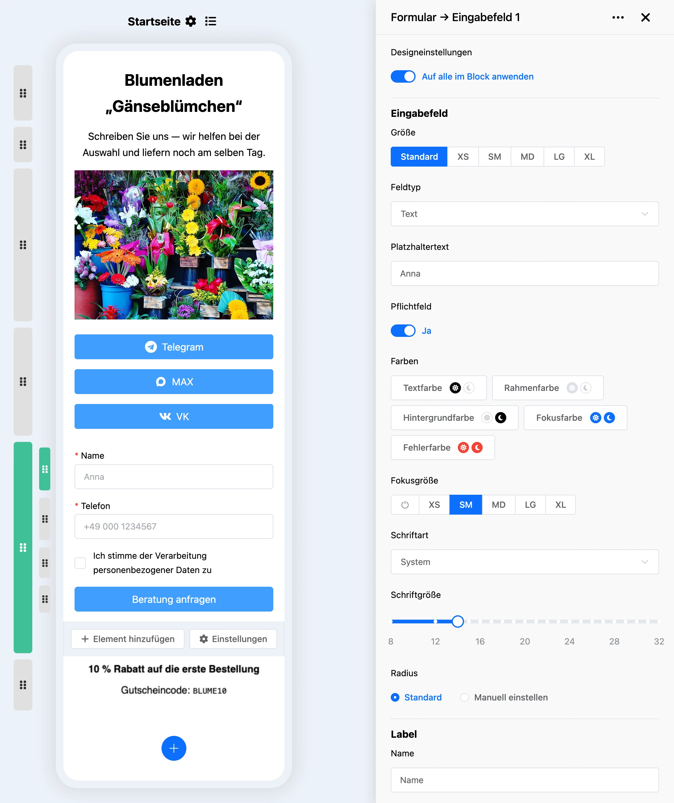 Block „Formular“: Einstellungen des Eingabefelds