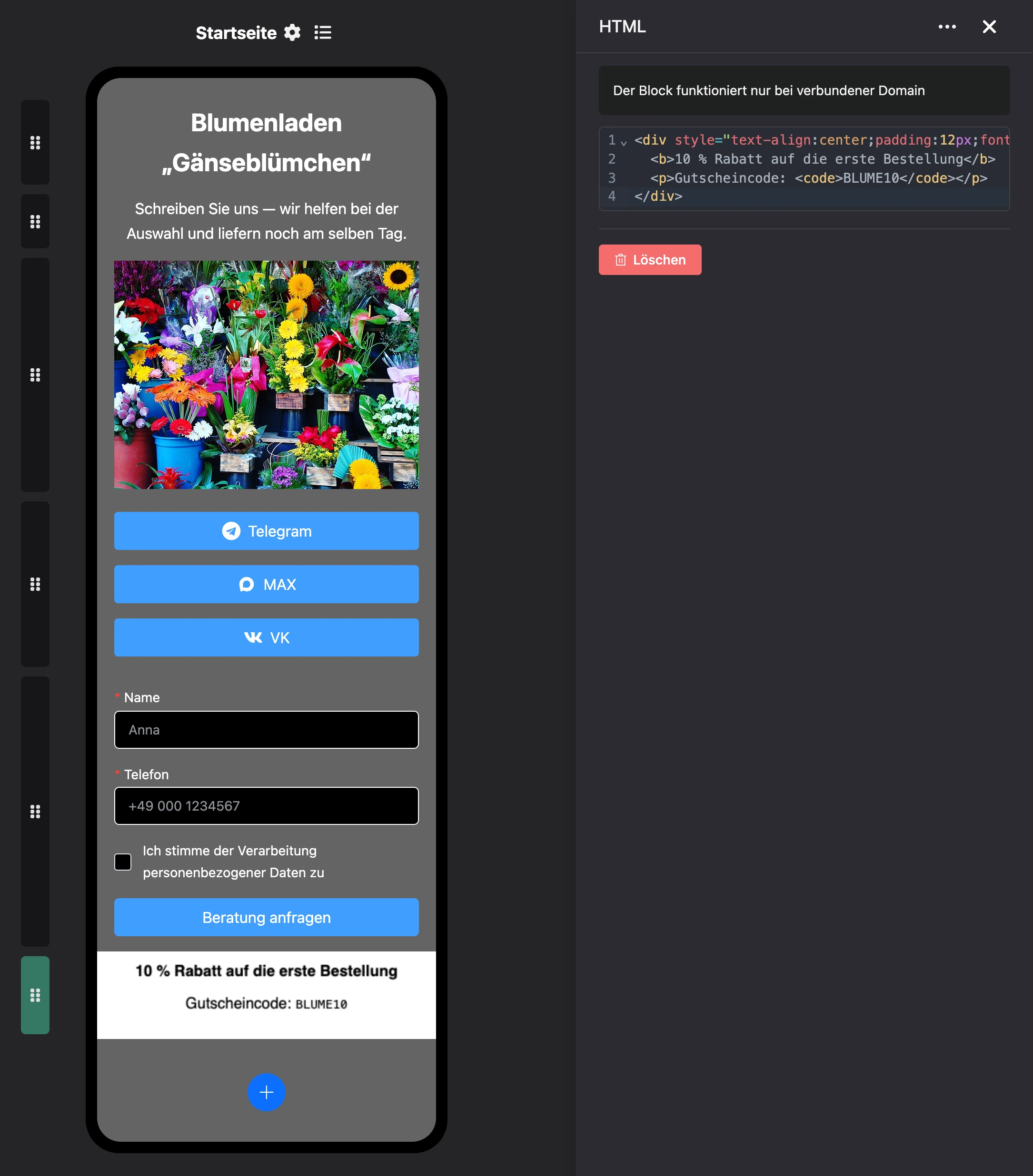 Block „HTML“: Code-Editor