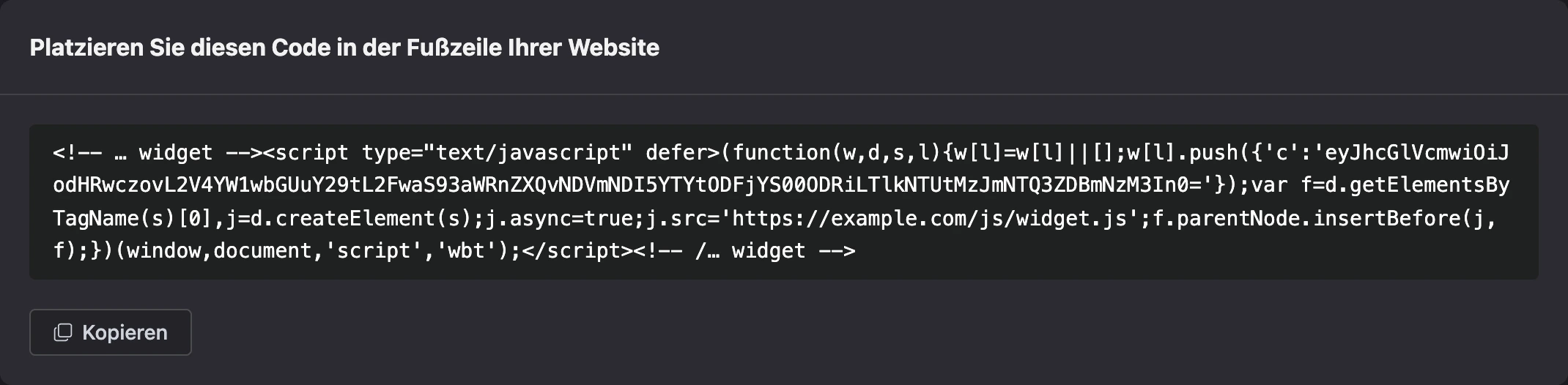 Widget-Code für die Website und die Schaltfläche „Kopieren“