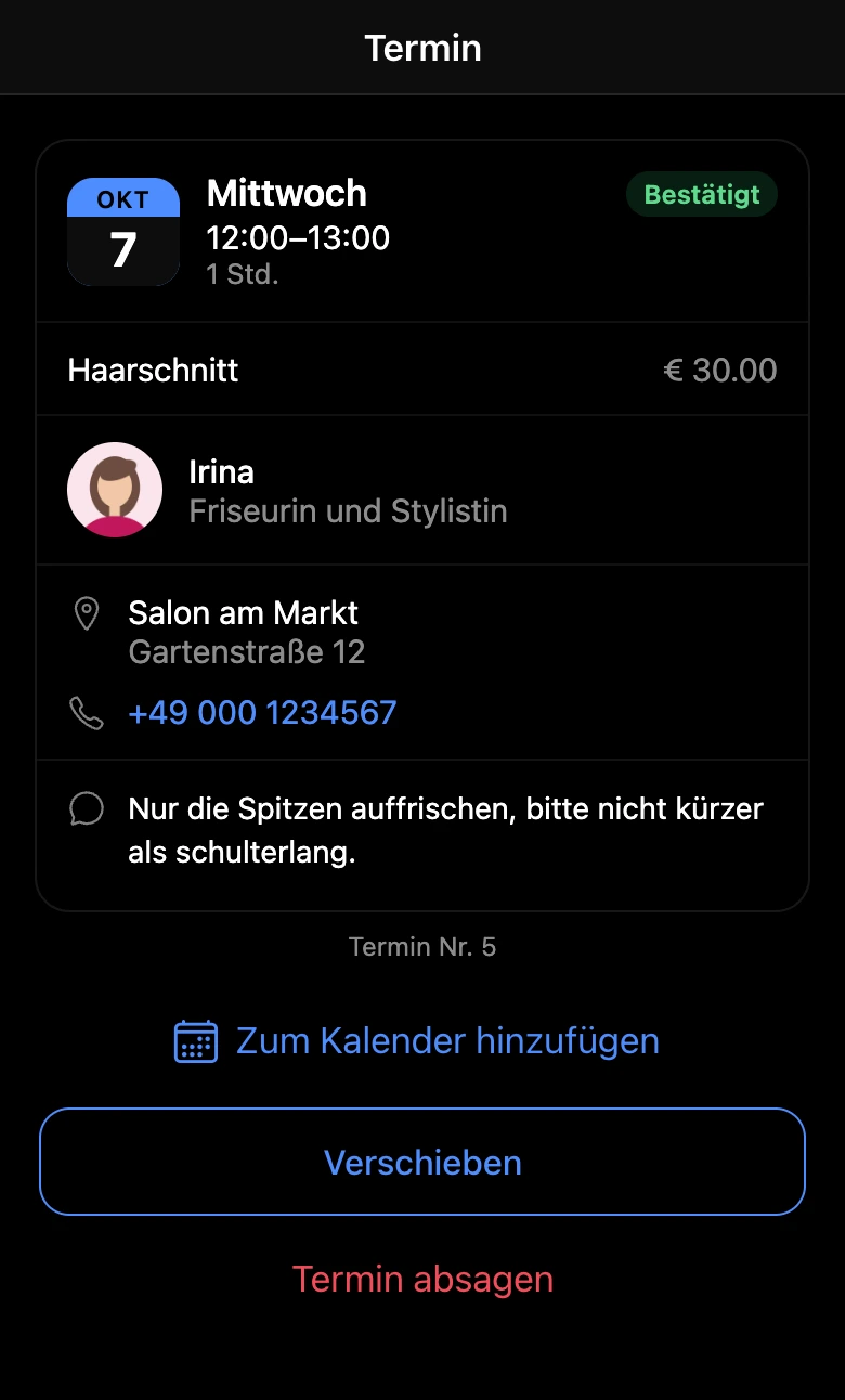 Karte eines bevorstehenden Termins mit dem Button „Zum Kalender hinzufügen“