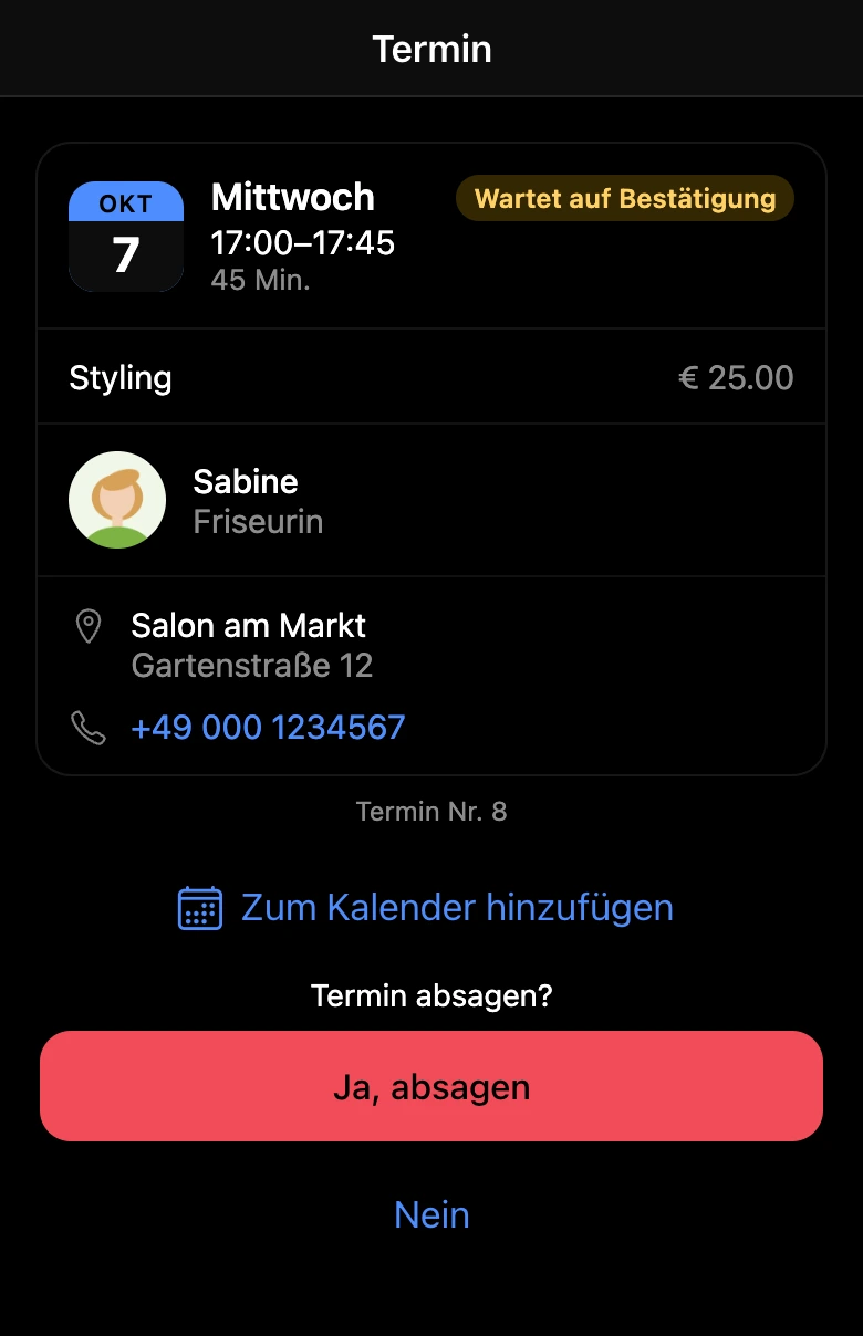 Terminkarte: Die App fragt vor der Absage nach