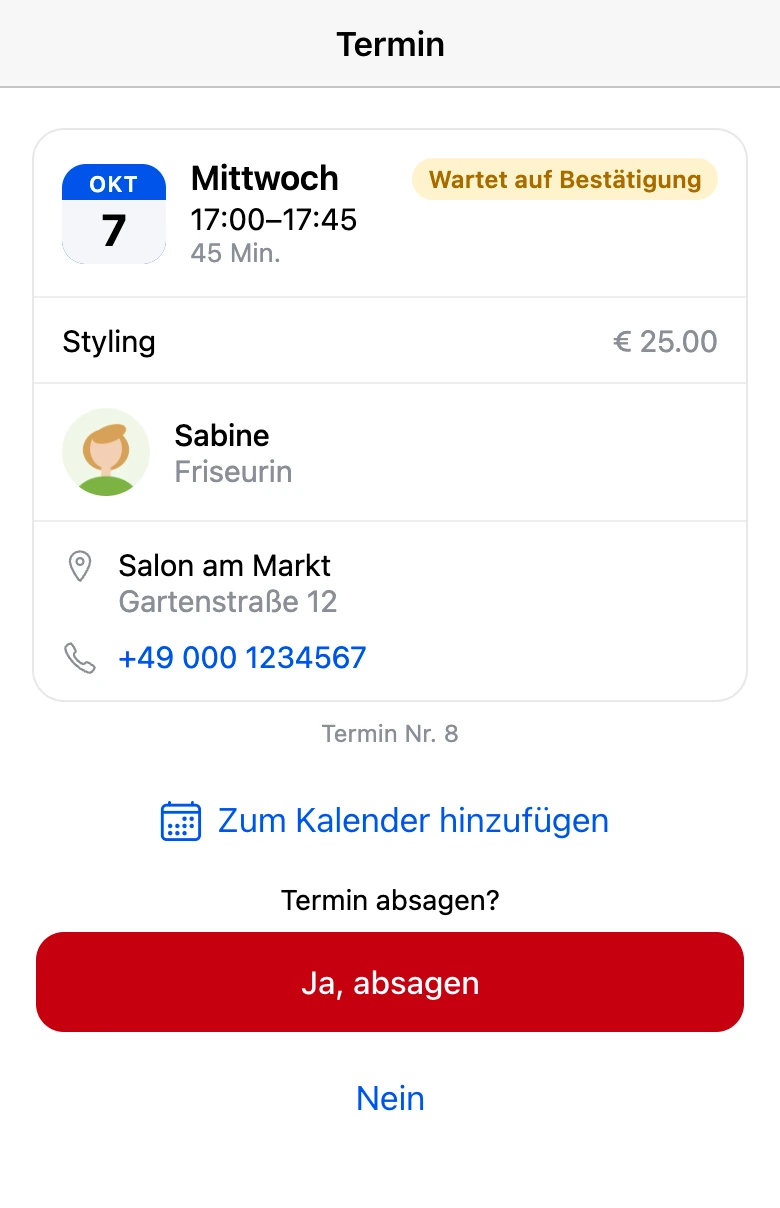 Terminkarte: Die App fragt vor der Absage nach