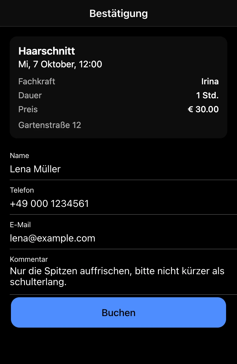 Buchungsabschluss in der Mini-App: Name, Telefon, E-Mail und Kommentar