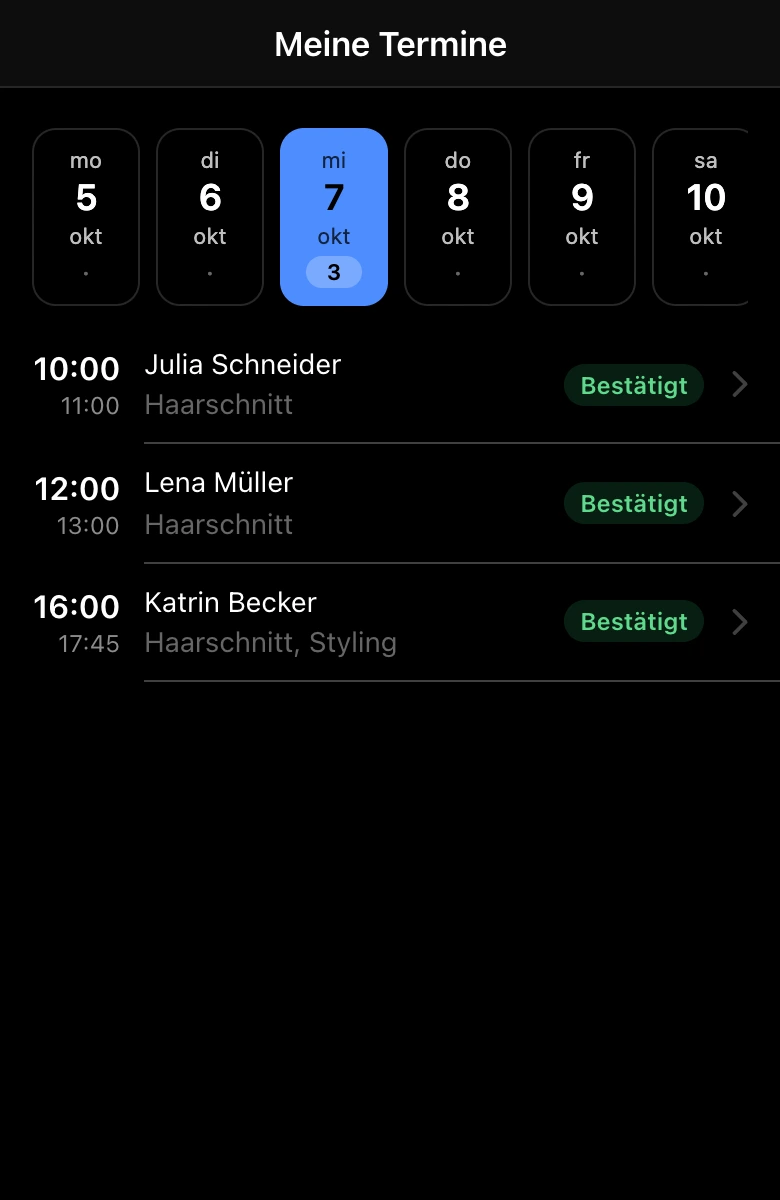 Termine einer Fachkraft für den Tag in der Mini-App