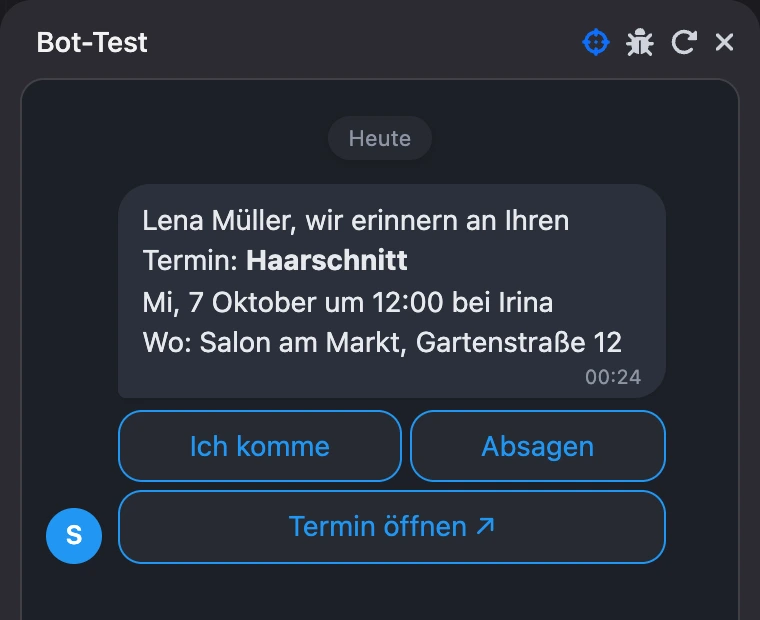 Terminerinnerung mit dem Button „Termin öffnen“