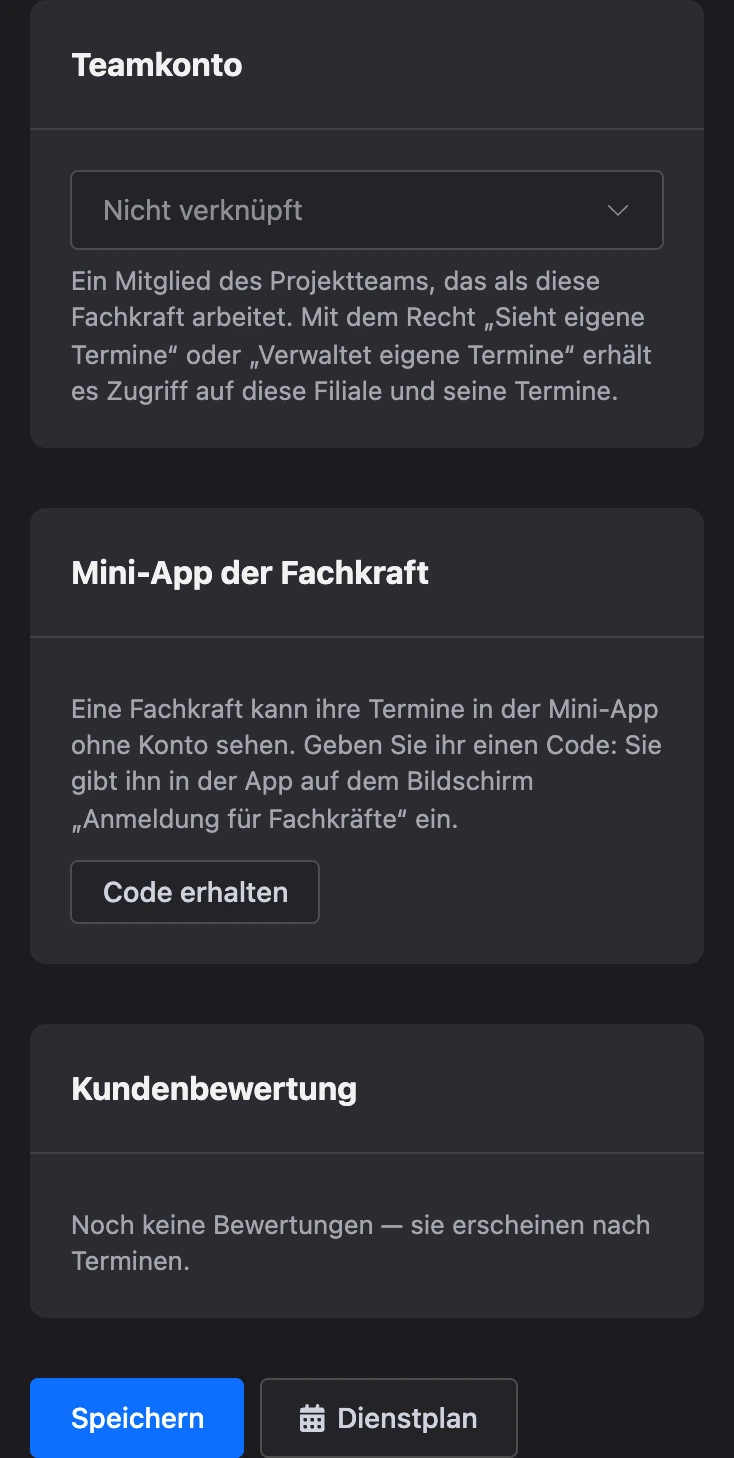 Blöcke „Teamkonto“ und „Mini-App der Fachkraft“ in der Karte der Fachkraft