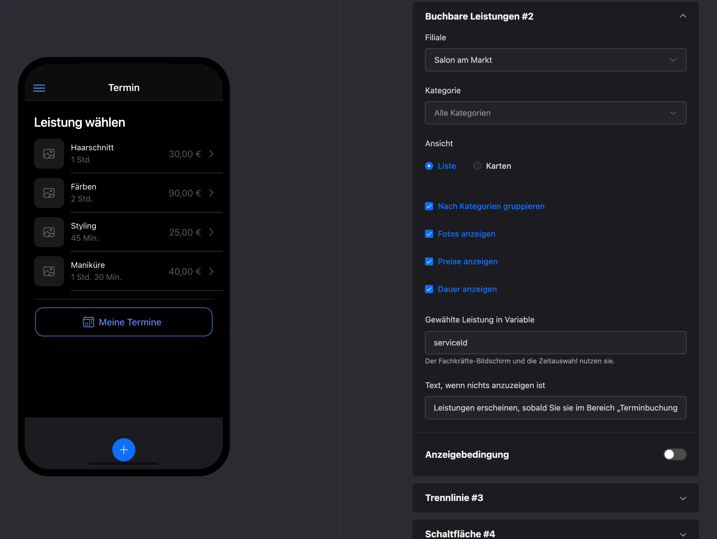 Element „Leistungen zur Buchung“ im Mini-App-Baukasten