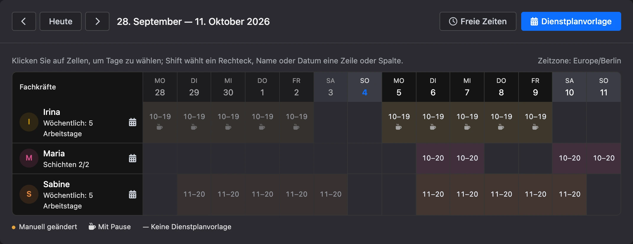 Dienstplantabelle der Mitarbeiter