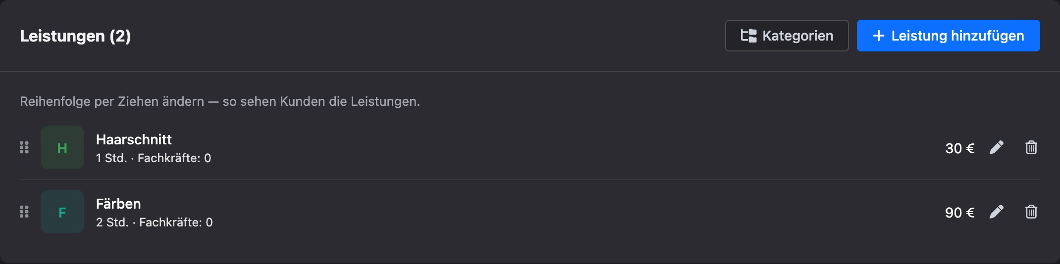 Leistungen der Filiale mit Dauer und Preis