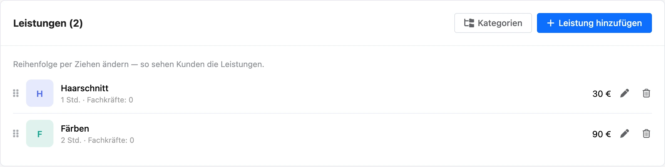 Leistungen der Filiale mit Dauer und Preis