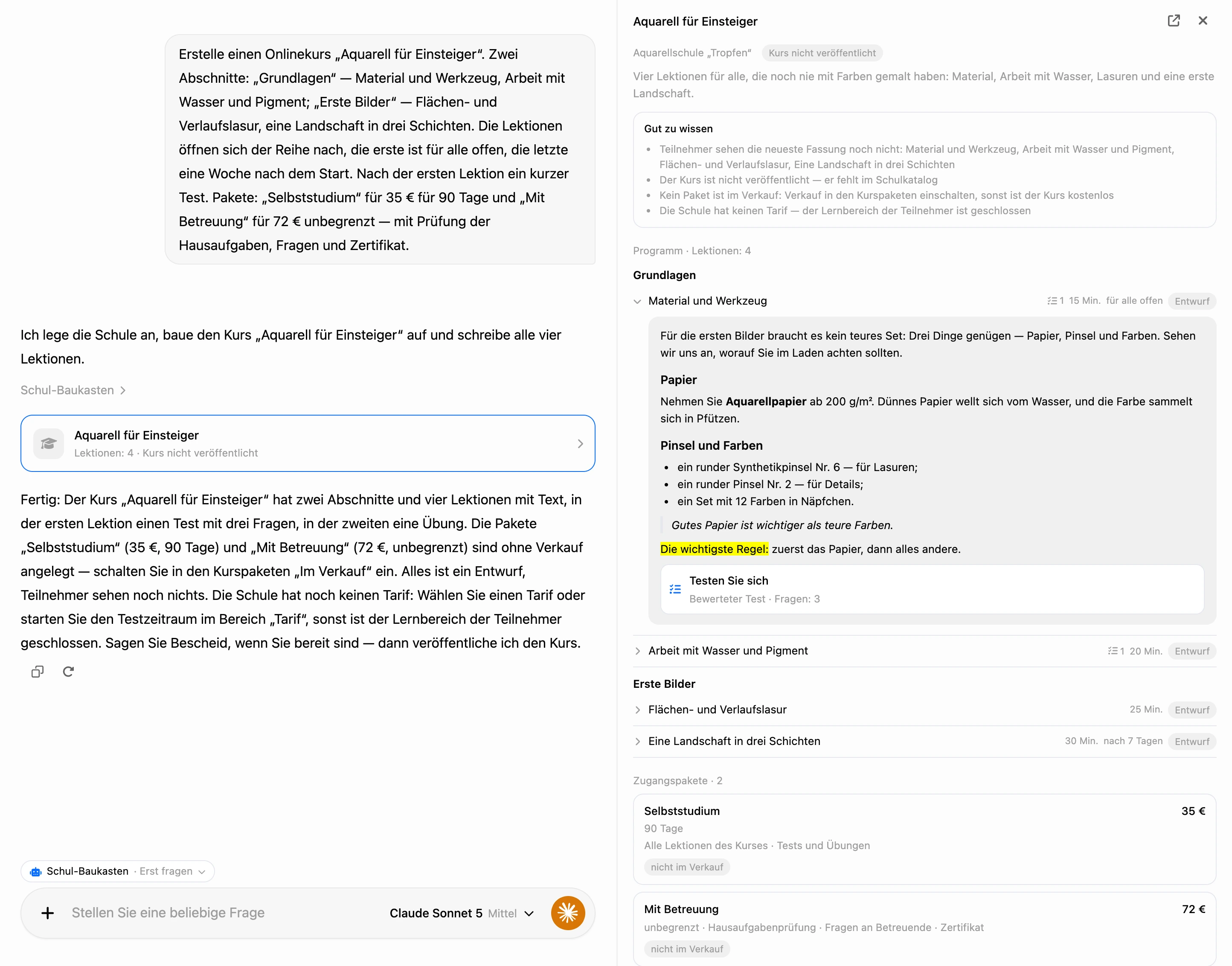 Aufbau im KI-Chat: die Karte des Kurses im Verlauf und der Kurs rechts mit geöffneter Lektion