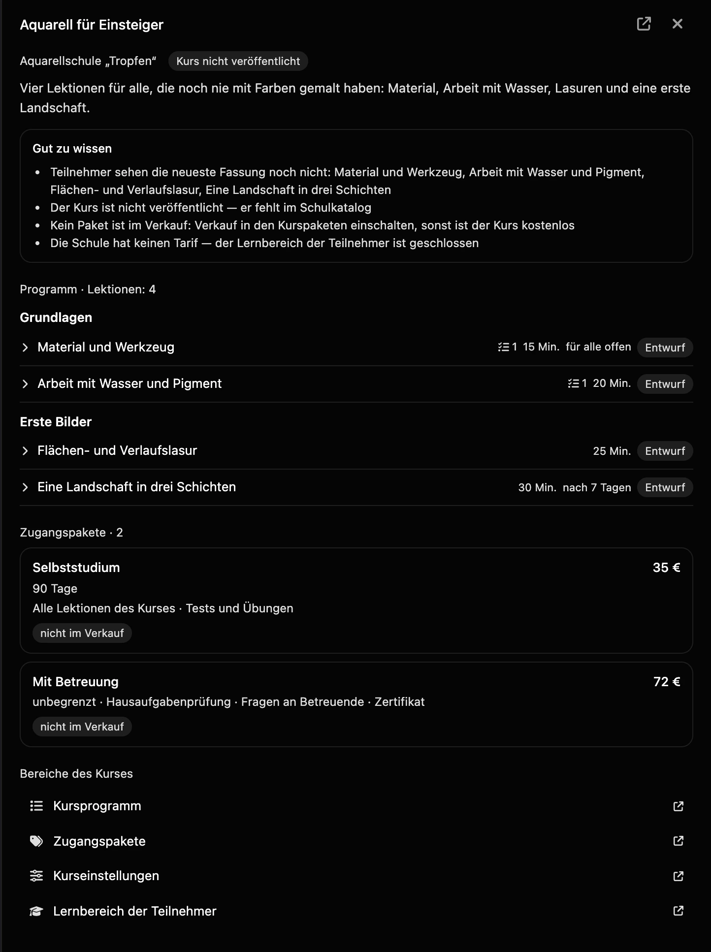 Übersicht des Kurses: Lehrplan, Zugangspakete und Links zu den Bereichen