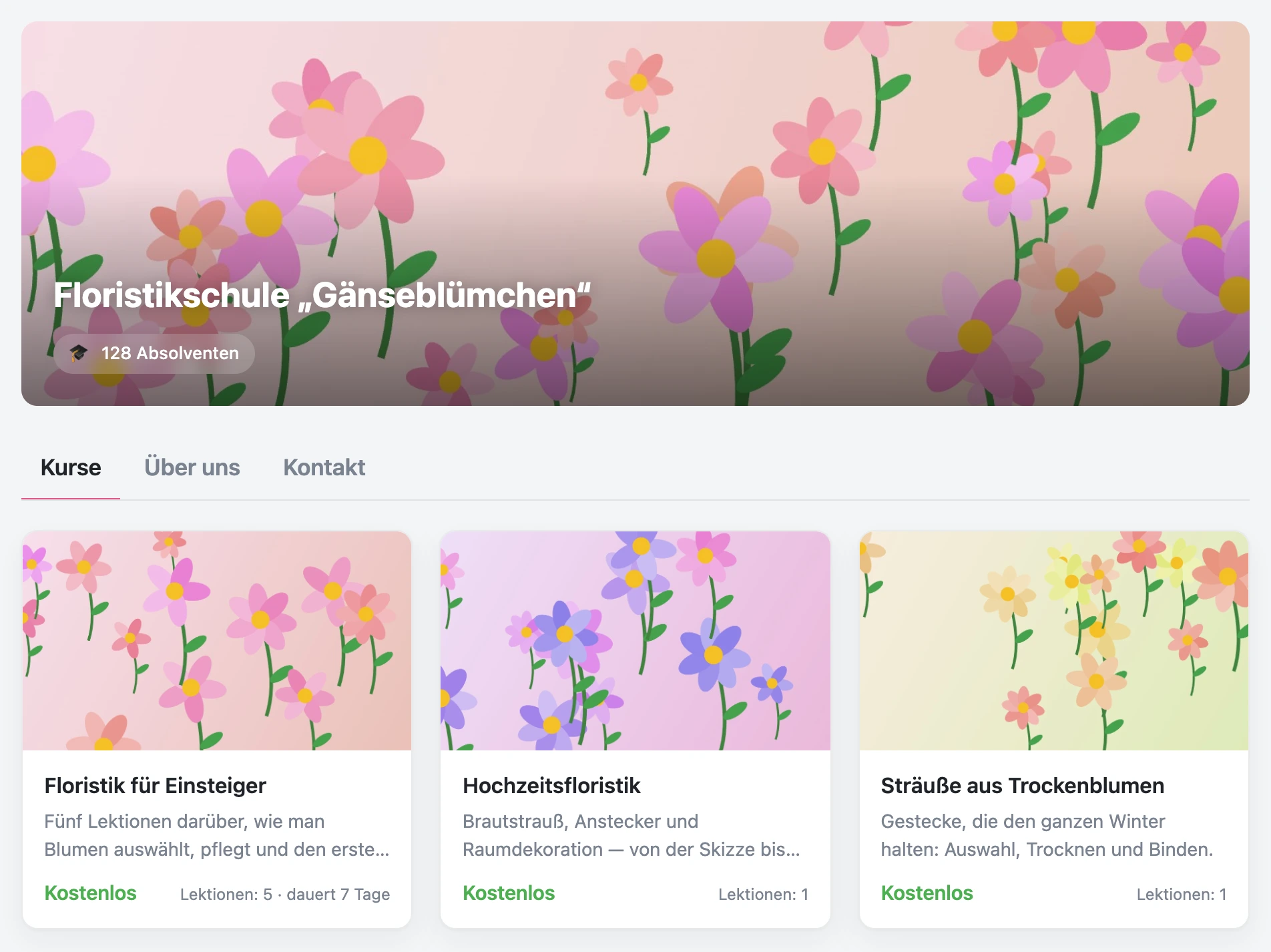 Kurskatalog: Titelbild der Schule, Seitenreiter und Kurskarten