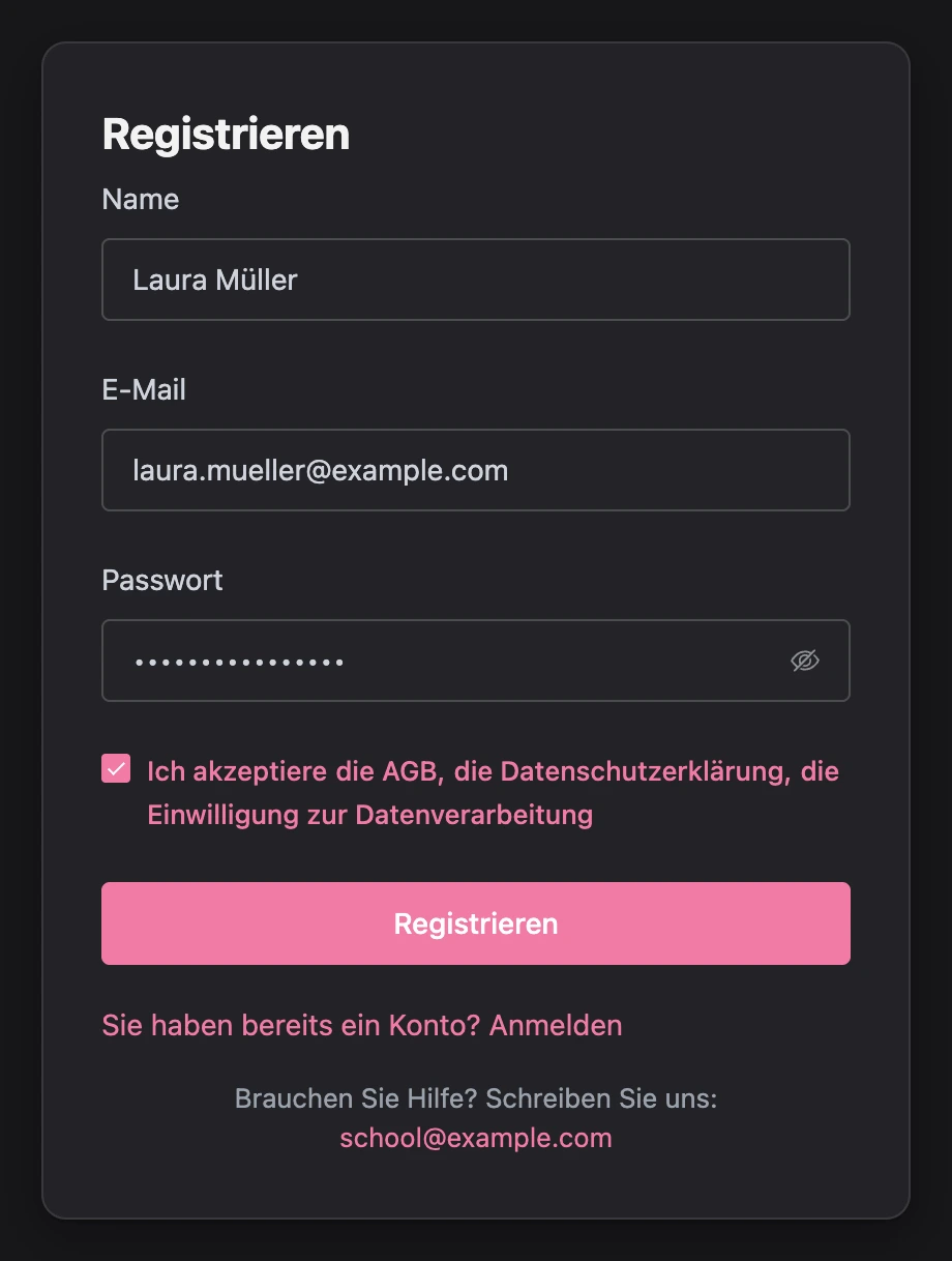 Registrierungsformular im Lernbereich