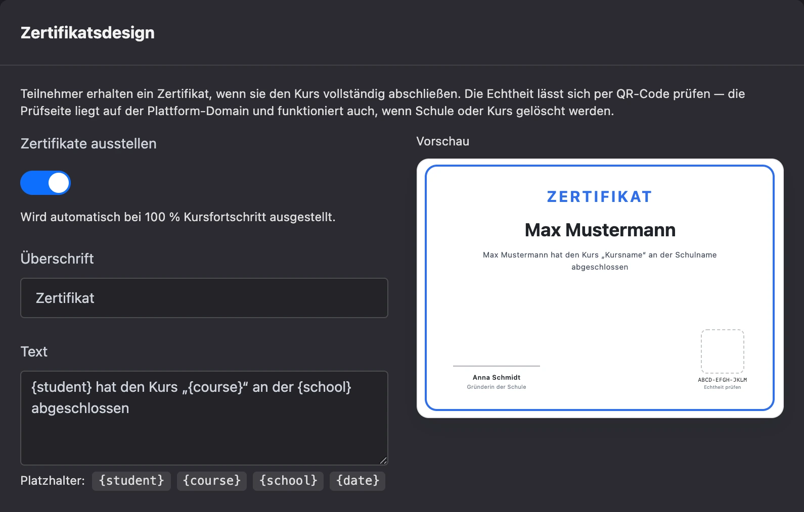 Zertifikatsdesign und Vorschau