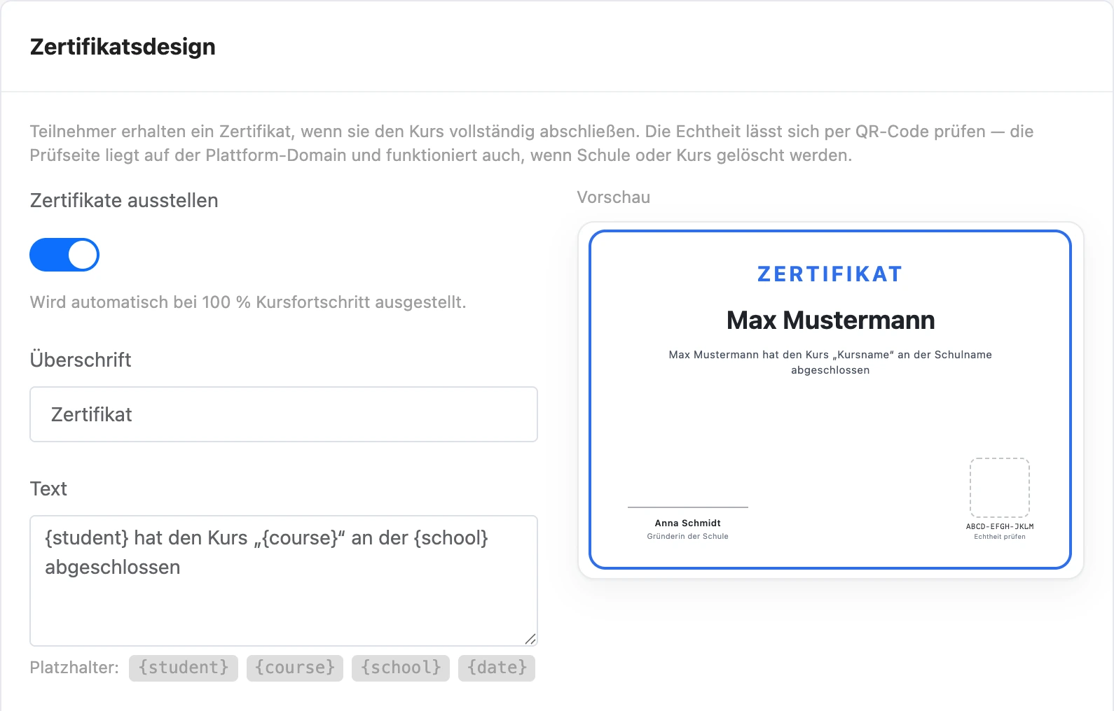 Zertifikatsdesign und Vorschau