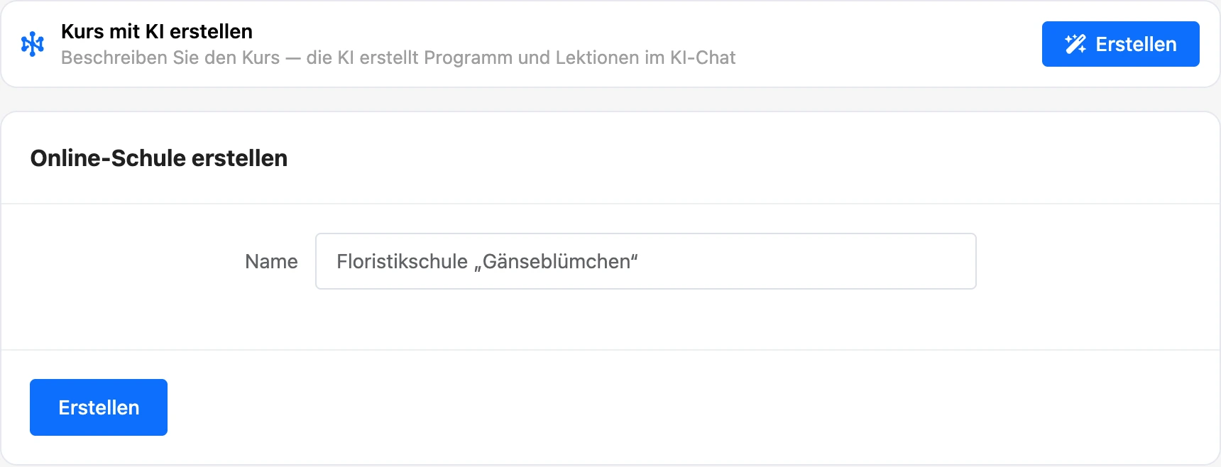 Formular zum Erstellen einer Online-Schule mit dem Block „Kurs mit KI erstellen“