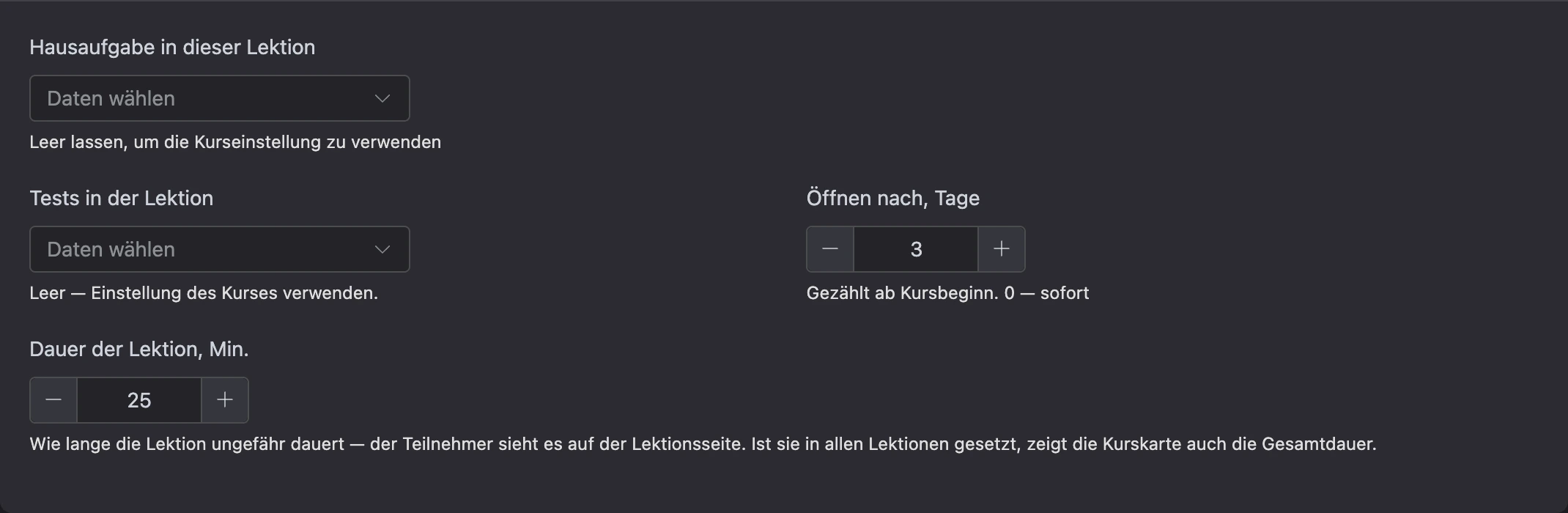 Lektionseinstellungen unter dem Inhalt