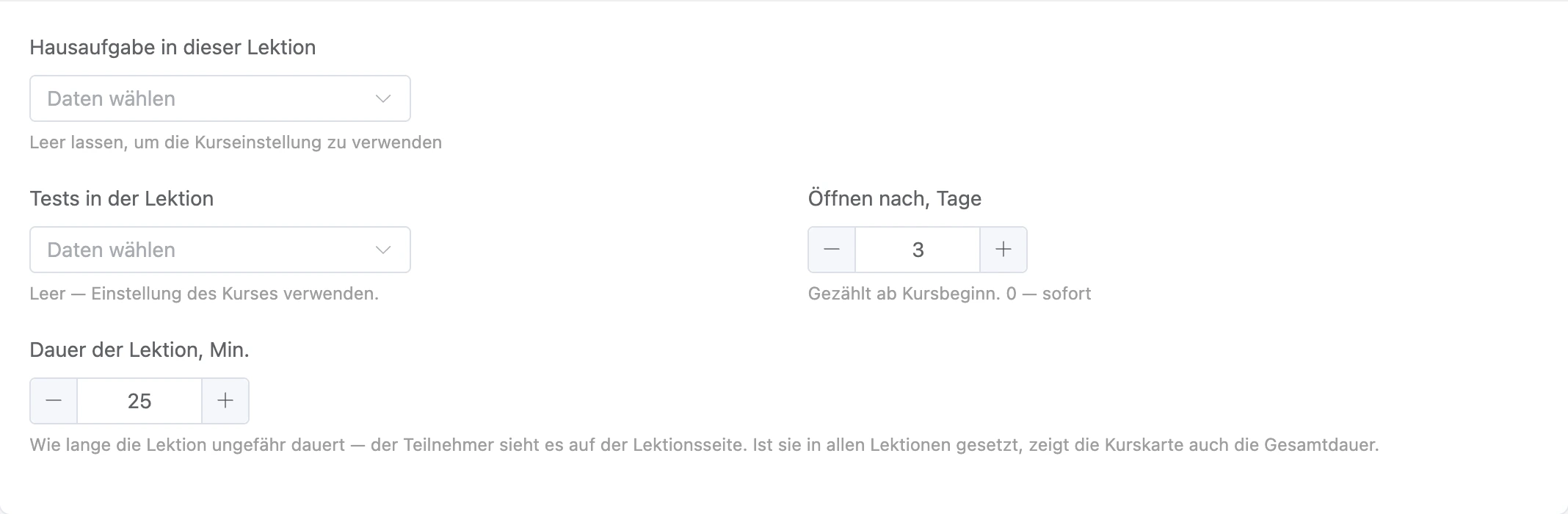 Lektionseinstellungen unter dem Inhalt