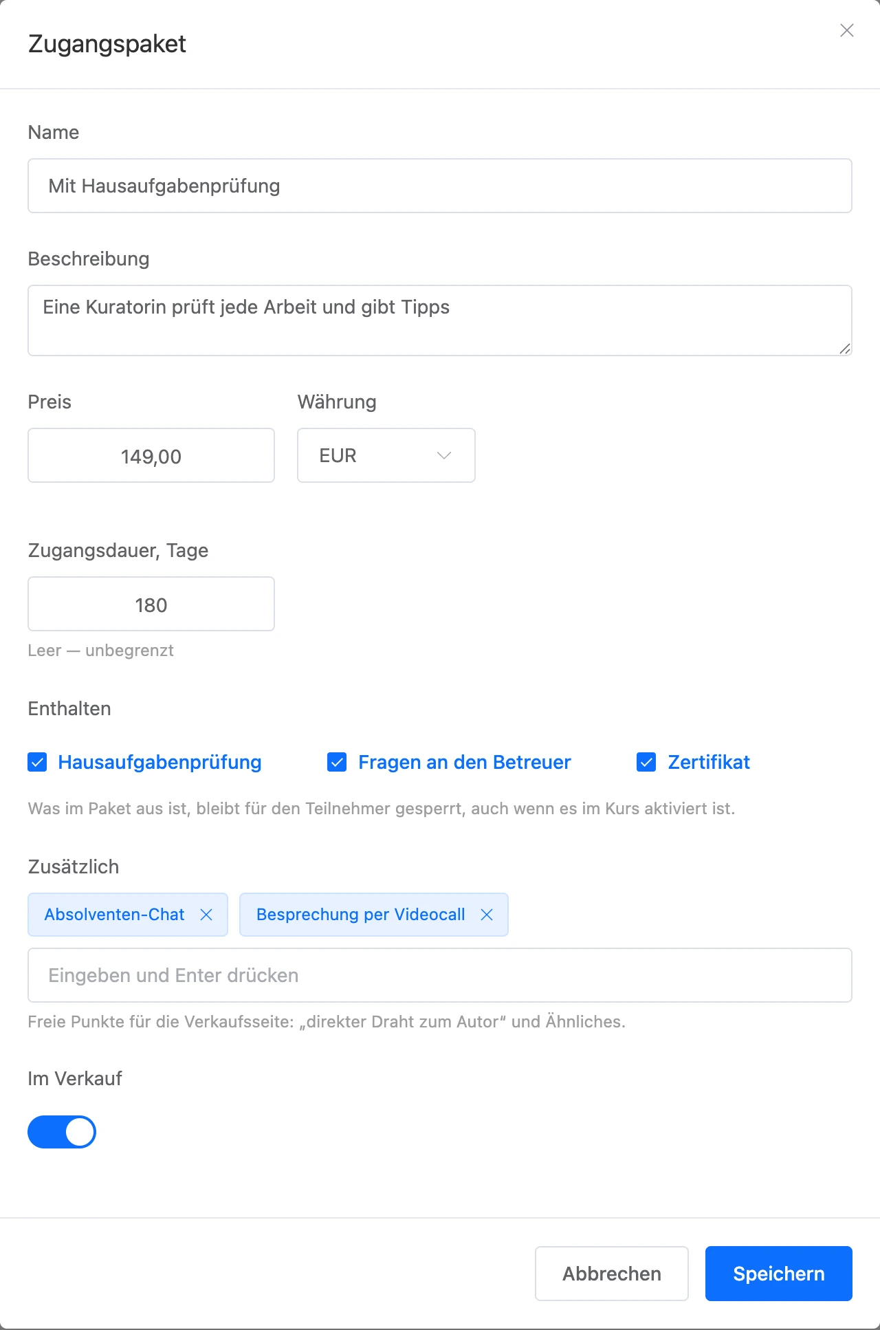 Fenster „Zugangspaket“