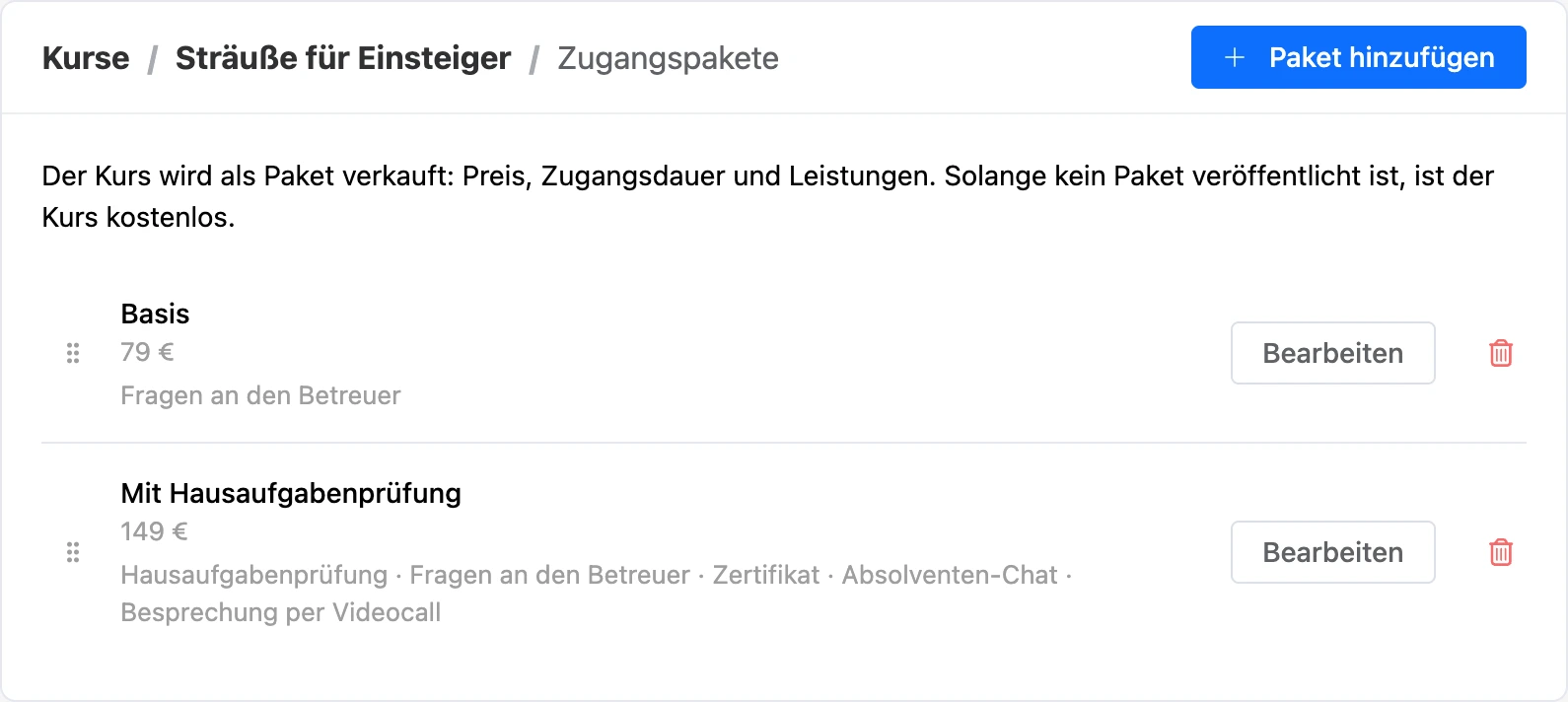 Zugangspakete eines Kurses