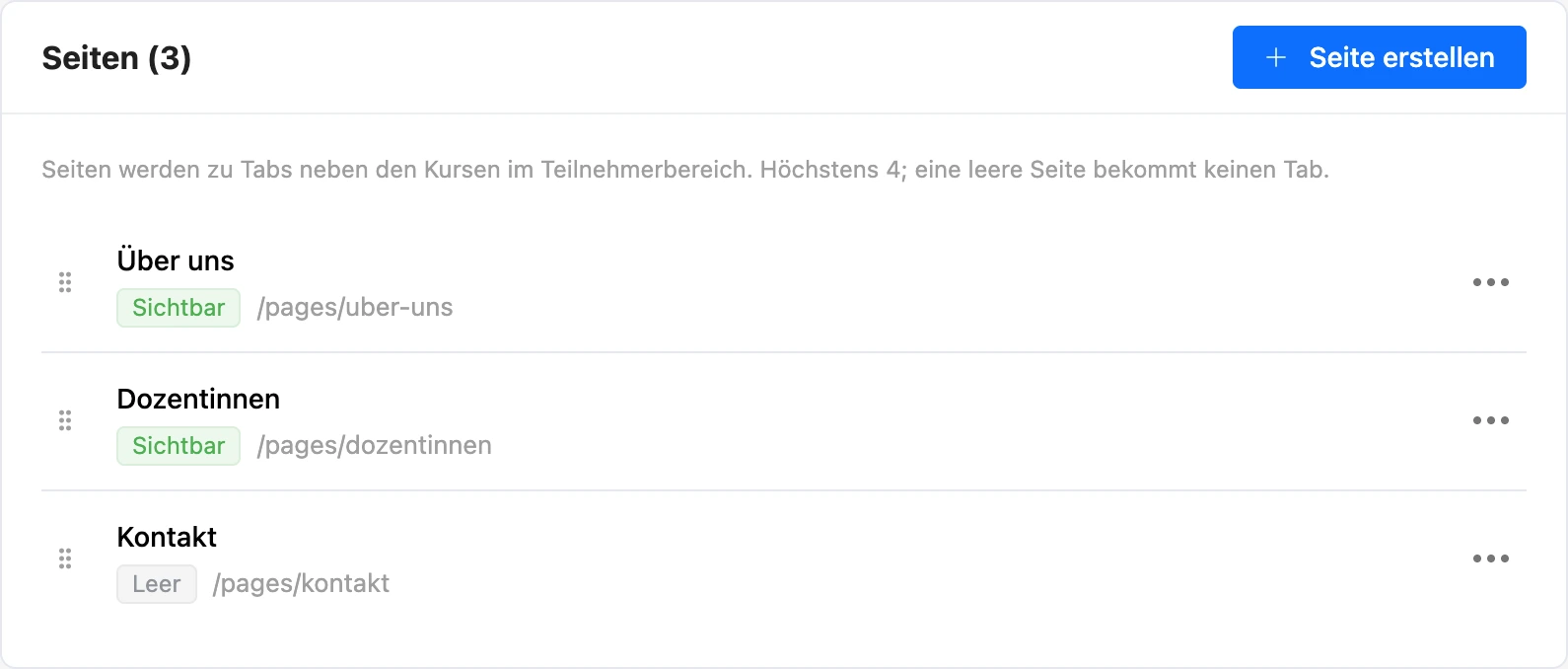 Unterbereich „Seiten“ mit den Seiten der Schule
