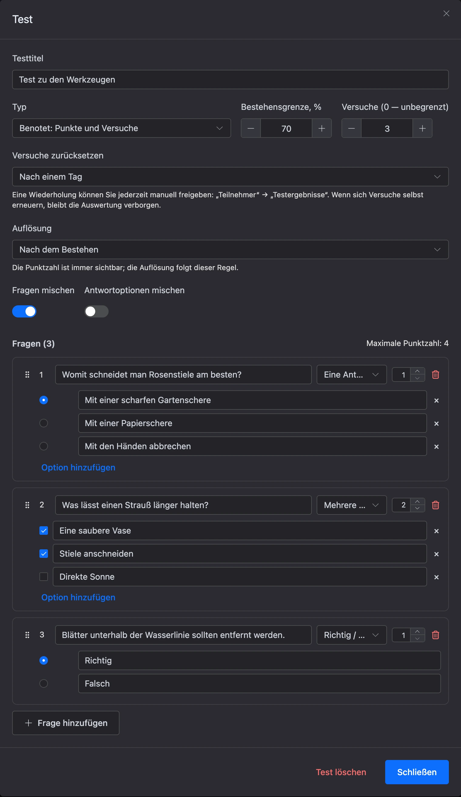 Fenster „Test“: Einstellungen und Fragen