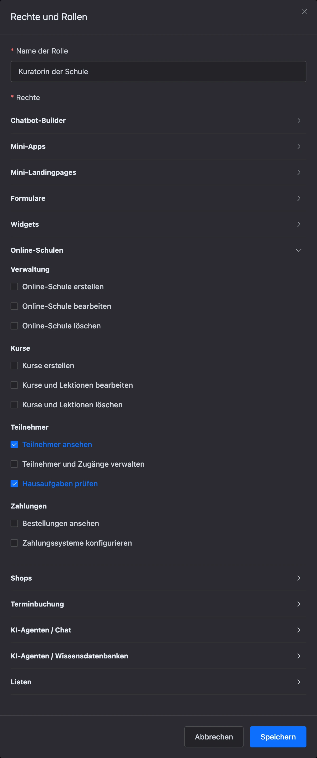 Rechte für Online-Schulen im Rollenfenster
