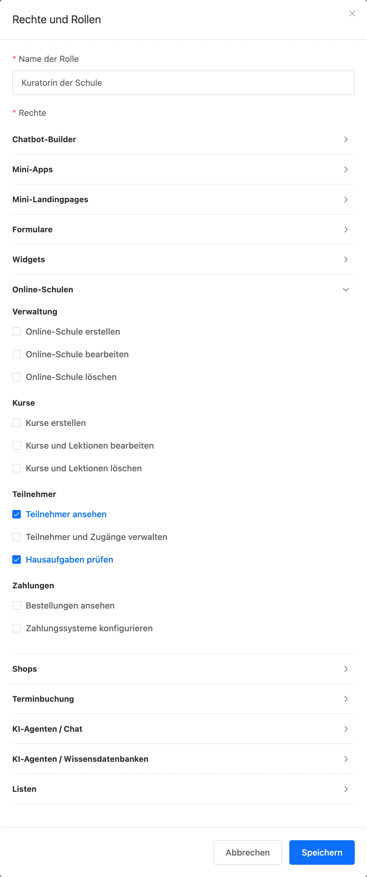 Rechte für Online-Schulen im Rollenfenster