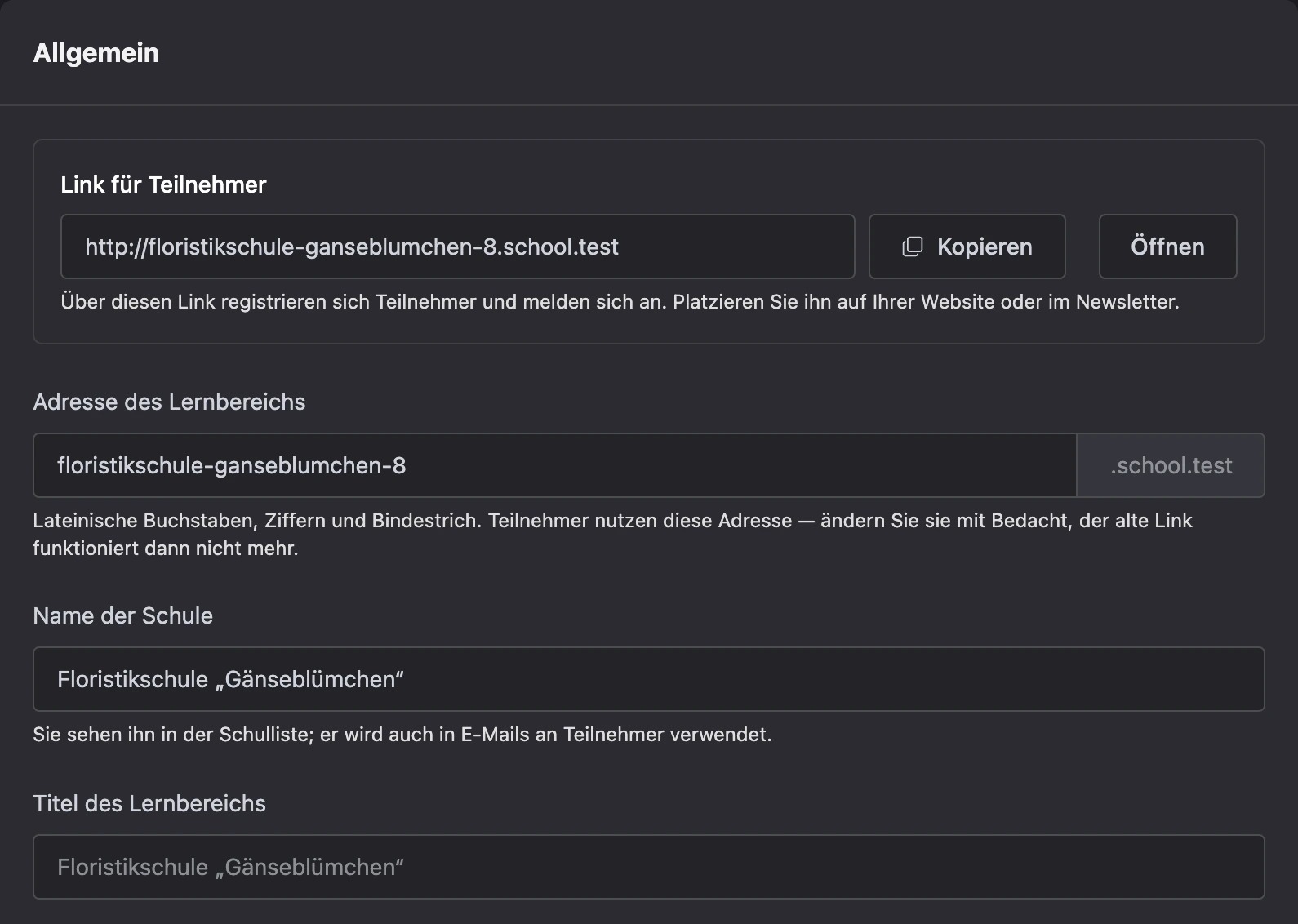 Link für Lernende und die ersten Felder der allgemeinen Schuleinstellungen